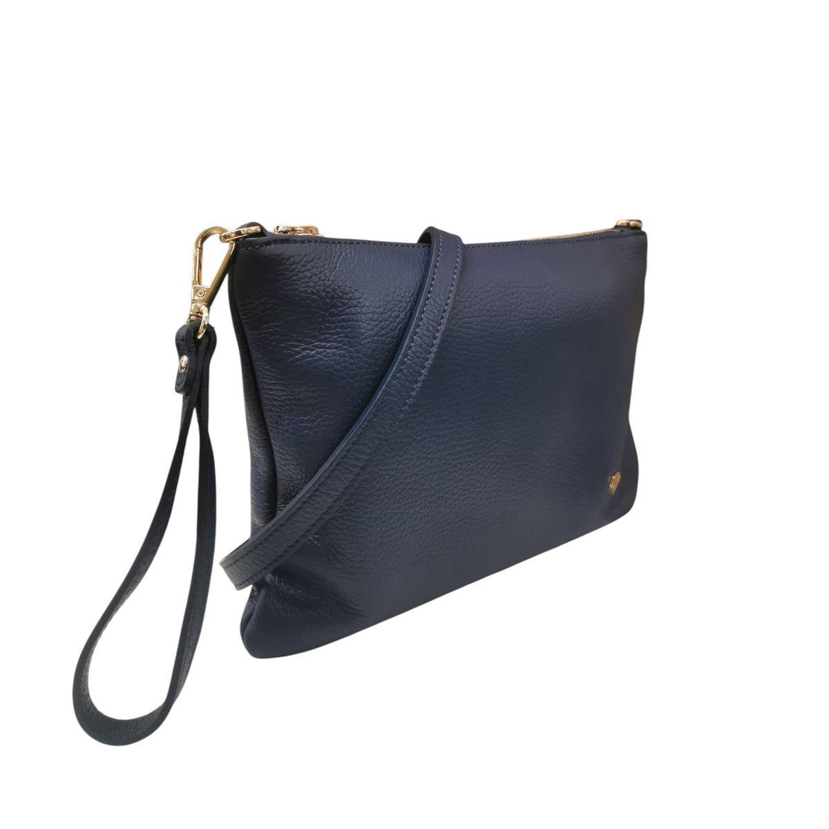 Caleidos Pochette Grande Donna in Pelle Blu con Tracolla e Polsino e Logo Laterale
