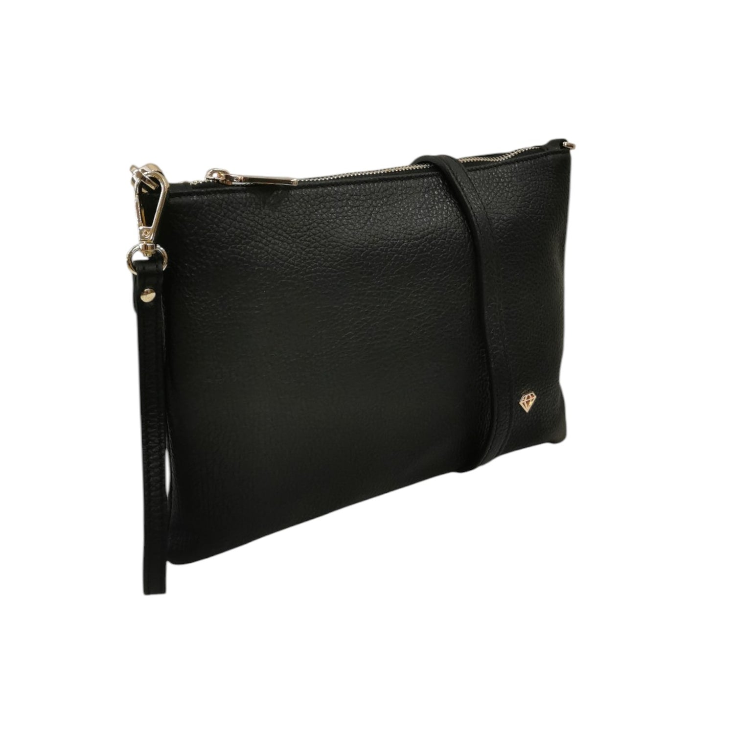 Caleidos Pochette Grande Donna in Pelle Nera con Tracolla e Polsino e Logo Laterale