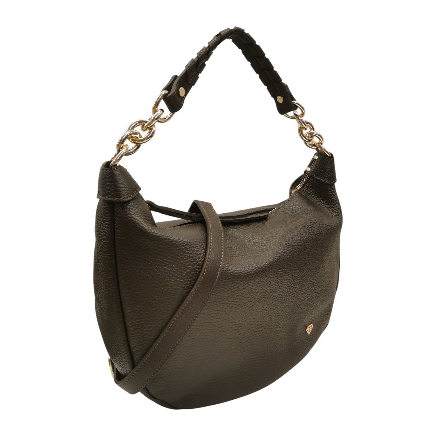 Caleidos Borsa a Spalla Donna in Pelle Marrone con Tracolla e Manico a Catena e Pelle Intrecciata