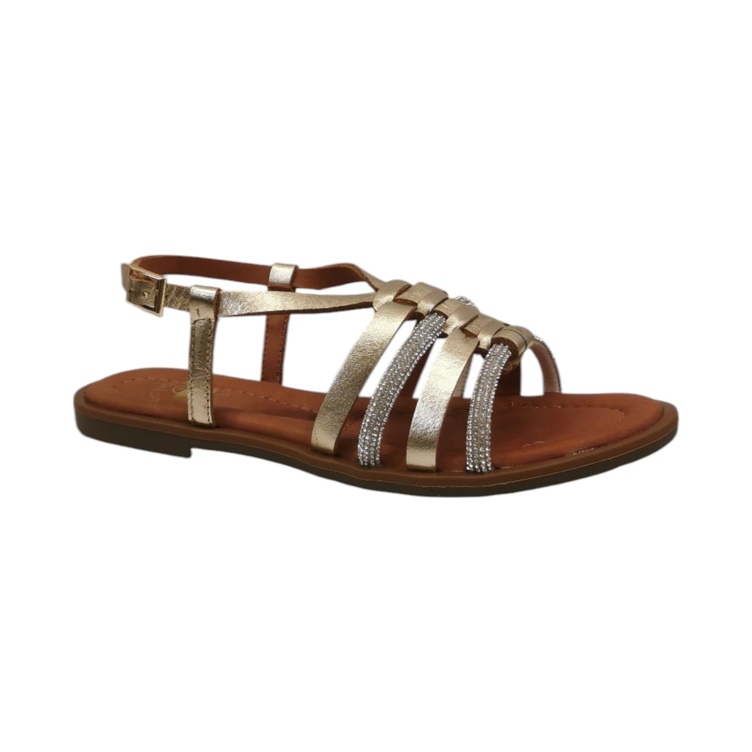 Scarpeborseonline Sandalo Basso Oro Laminato con Strass da Donna