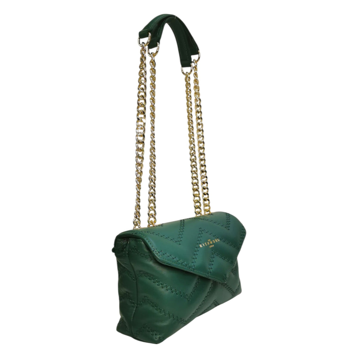 John Richmond Borsa a Tracolla Piccola in Pelle Trapuntato Verde con Metalleria Oro