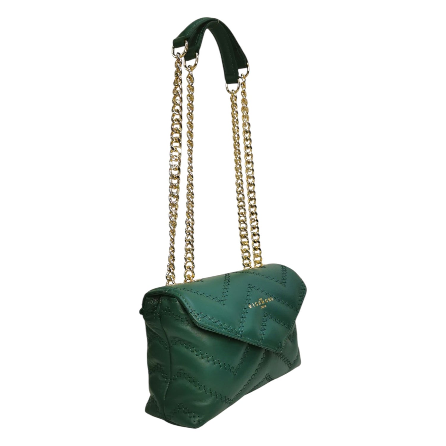 John Richmond Borsa a Tracolla Piccola in Pelle Trapuntato Verde con Metalleria Oro