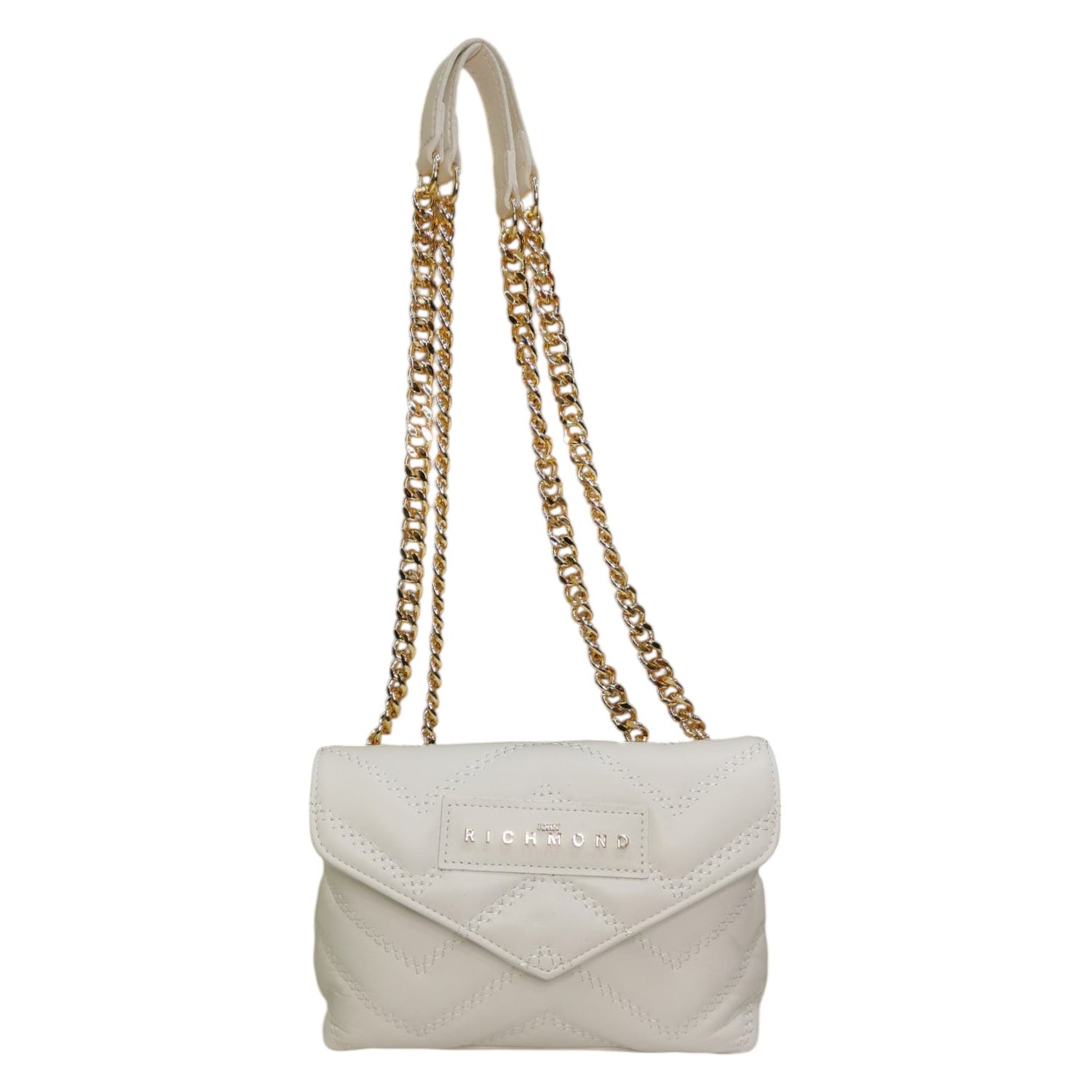 John Richmond Borsa a Tracolla Piccola in Pelle Trapuntata Bianco con Metalleria Oro