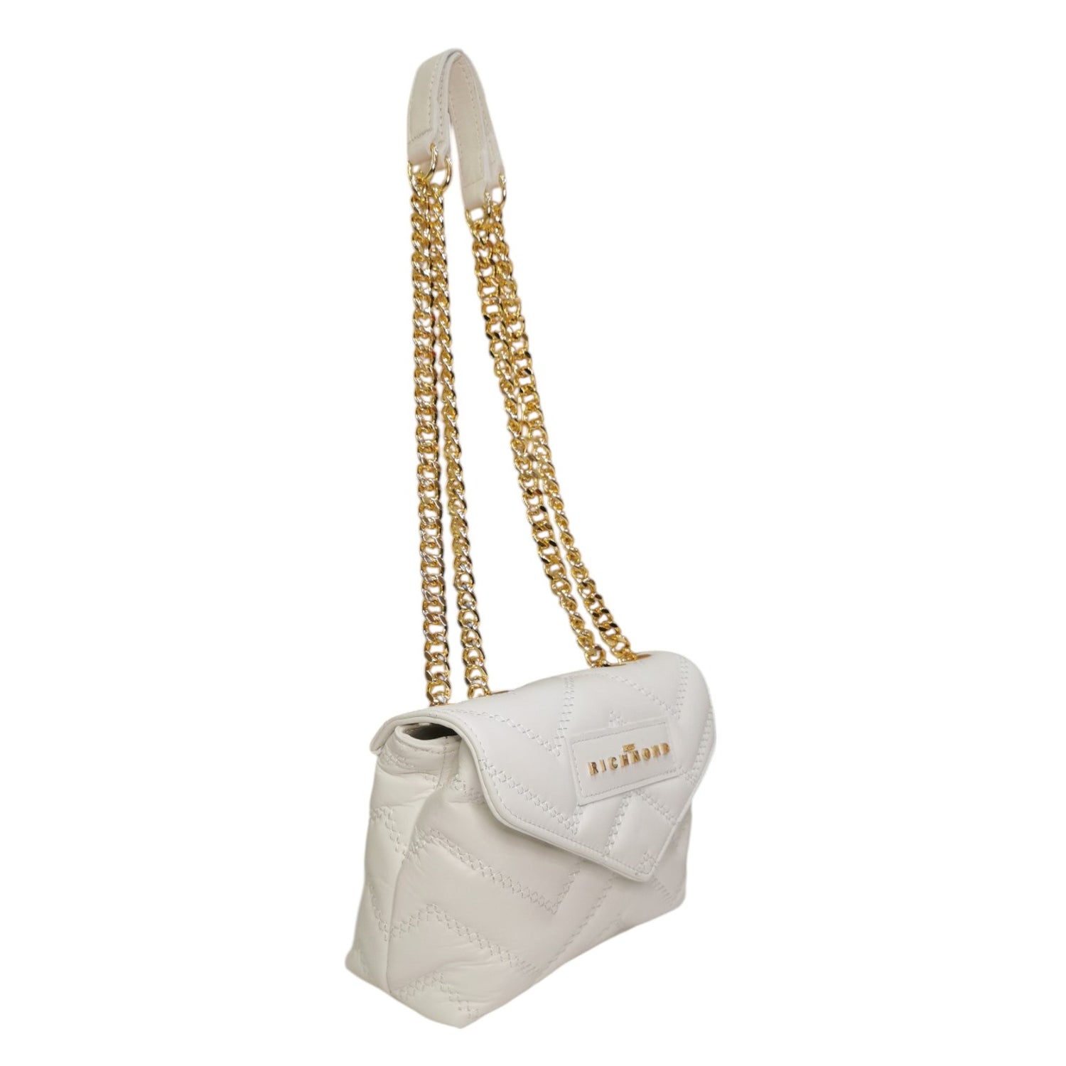 John Richmond Borsa a Tracolla Piccola in Pelle Trapuntata Bianco con Metalleria Oro