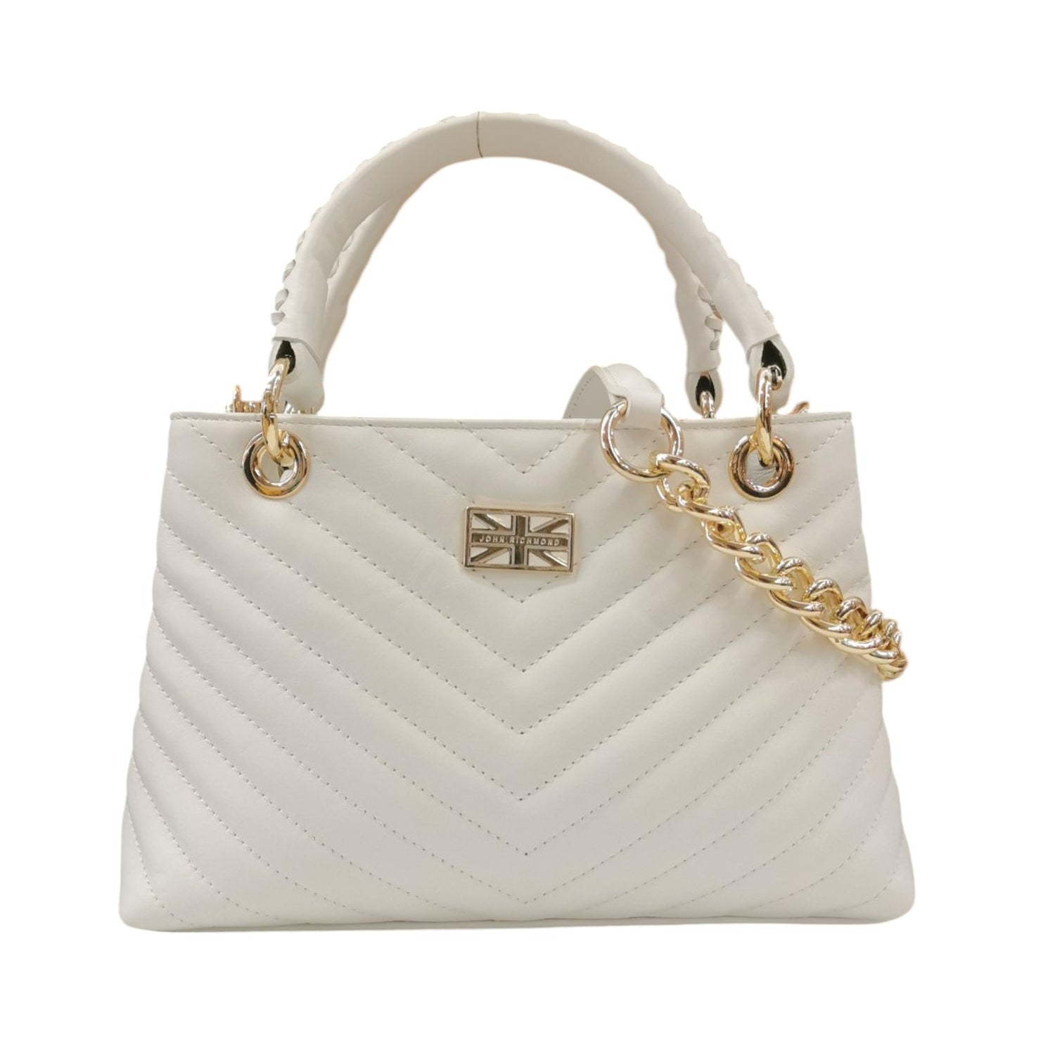 John Richmond Borsa a Mano Donna in Pelle Trapuntata Bianca con Metalleria Oro evTracolla Catena