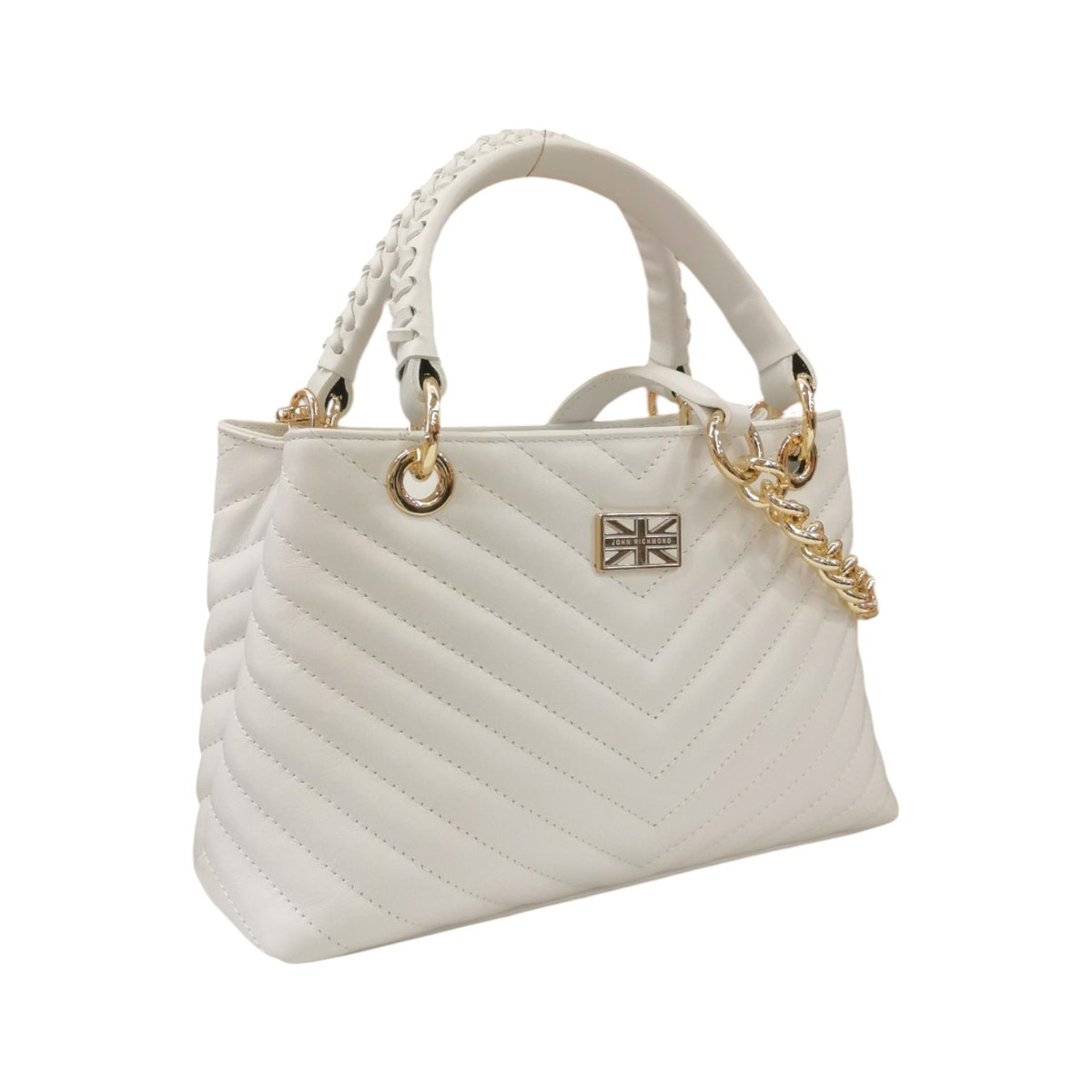 John Richmond Borsa a Mano Donna in Pelle Trapuntata Bianca con Metalleria Oro evTracolla Catena