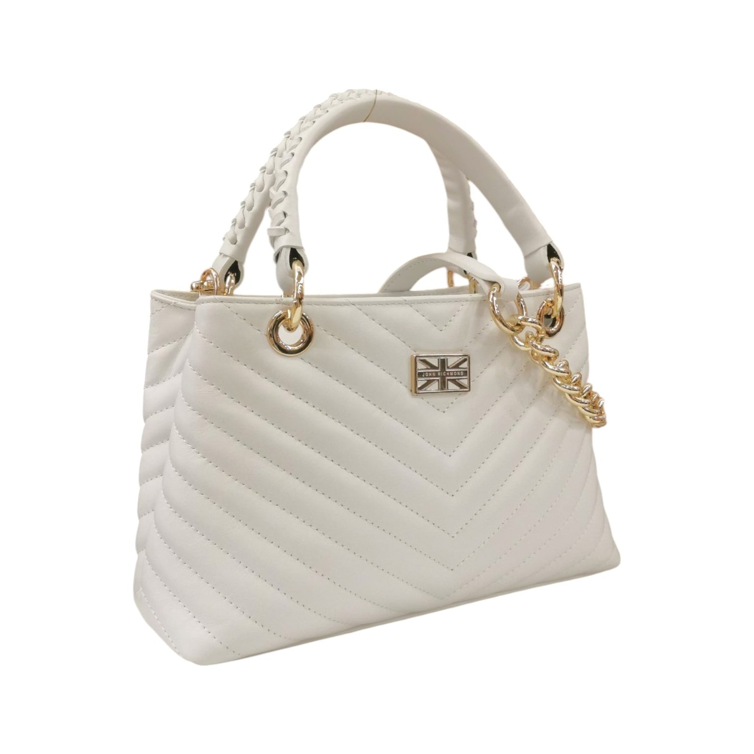 John Richmond Borsa a Mano Donna in Pelle Trapuntata Bianca con Metalleria Oro evTracolla Catena