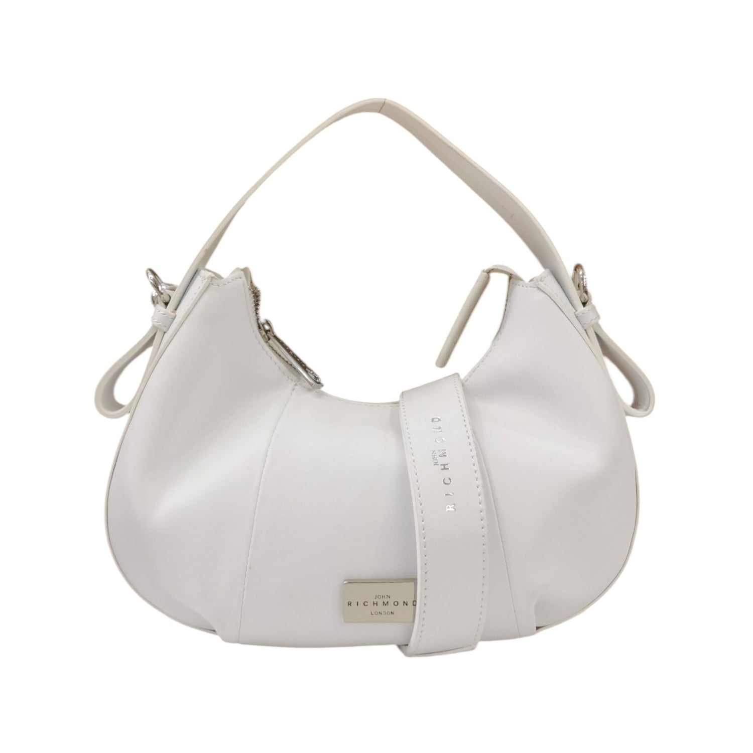 John Richmond Borsa a Mano Piccola Bianca Argento con Tracolla in Tessuto da Donna