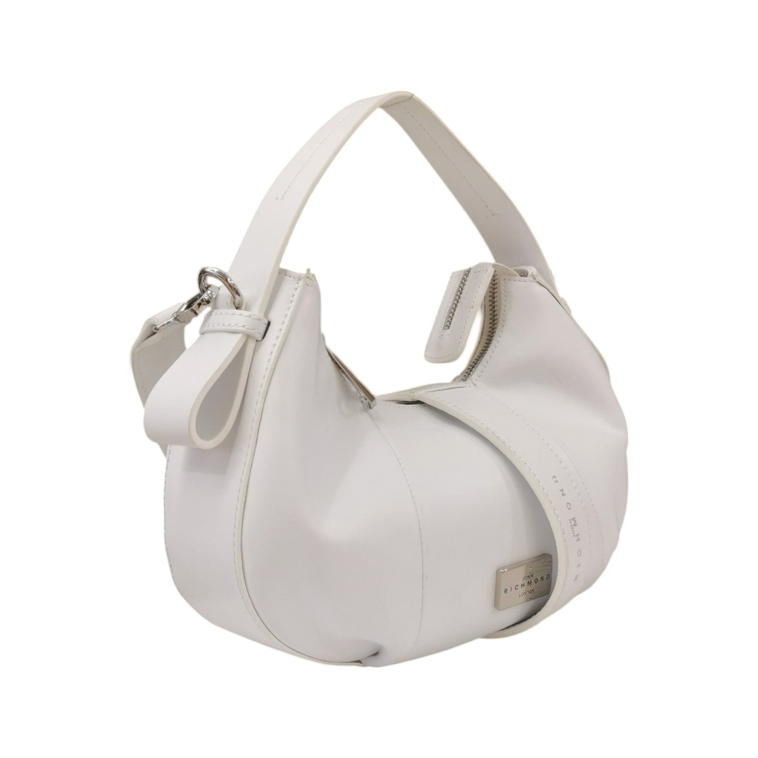 John Richmond Borsa a Mano Piccola Bianca Argento con Tracolla in Tessuto da Donna