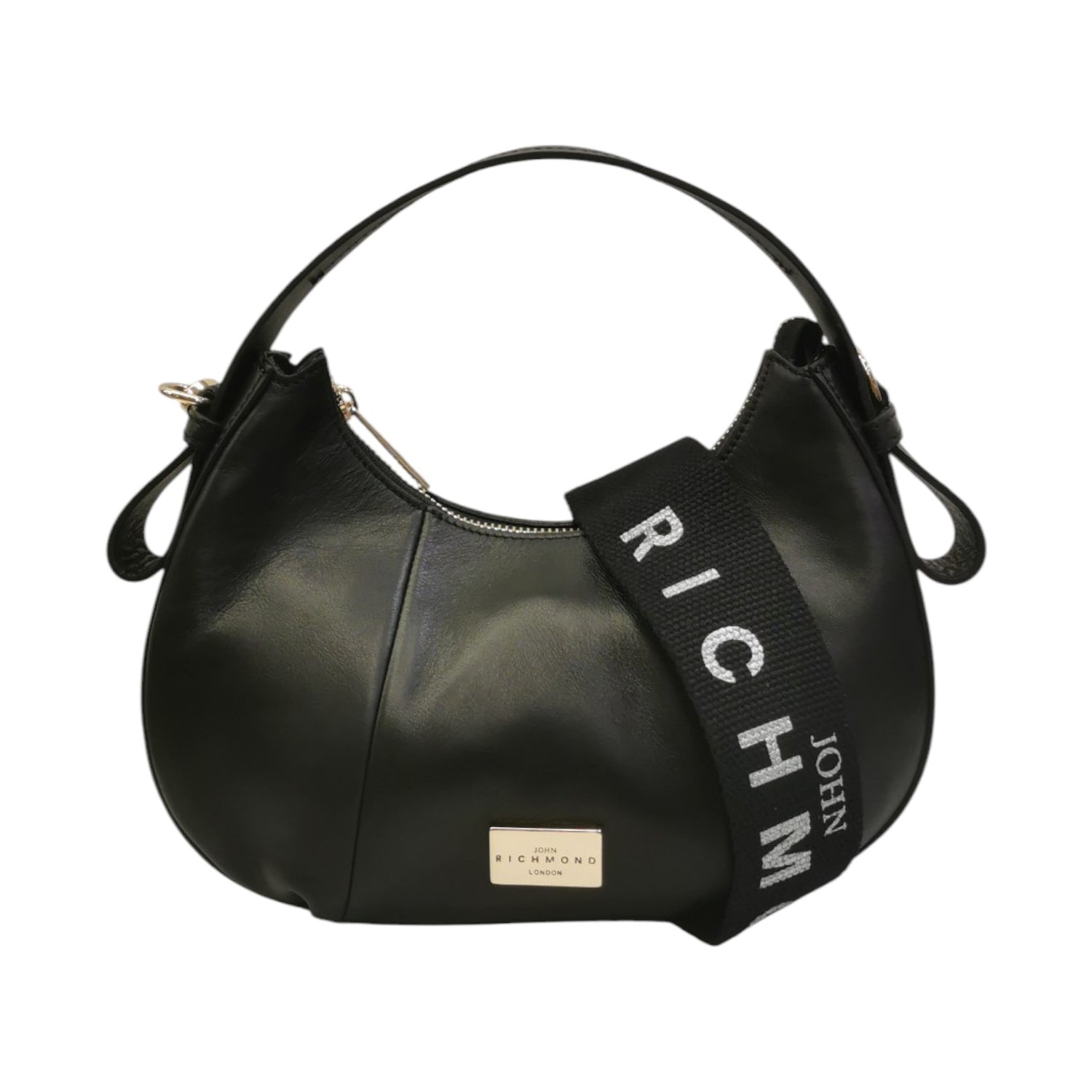 John Richmond Borsa a Mano S Donna in Pelle Nera e Metalleria Oro con Tracolla in Tessuto Logo
