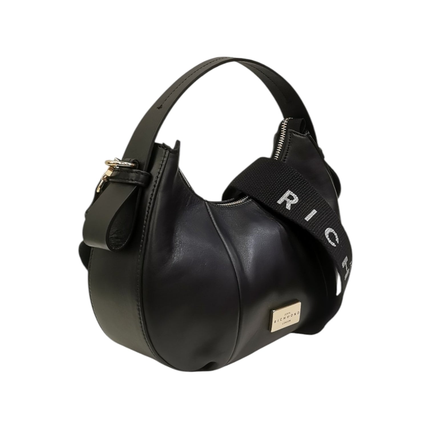 John Richmond Borsa a Mano S Donna in Pelle Nera e Metalleria Oro con Tracolla in Tessuto Logo