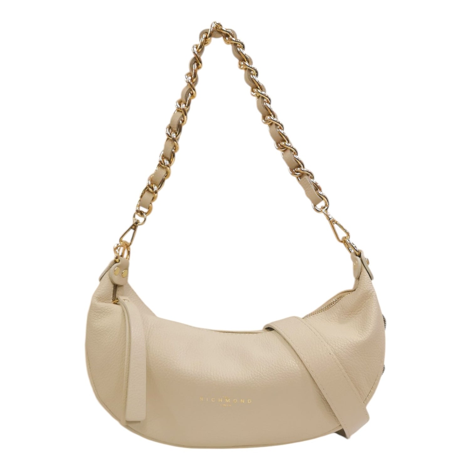 John Richmond Mezzaluna Donna con Manico Catena in Pelle Ecru con Borchie