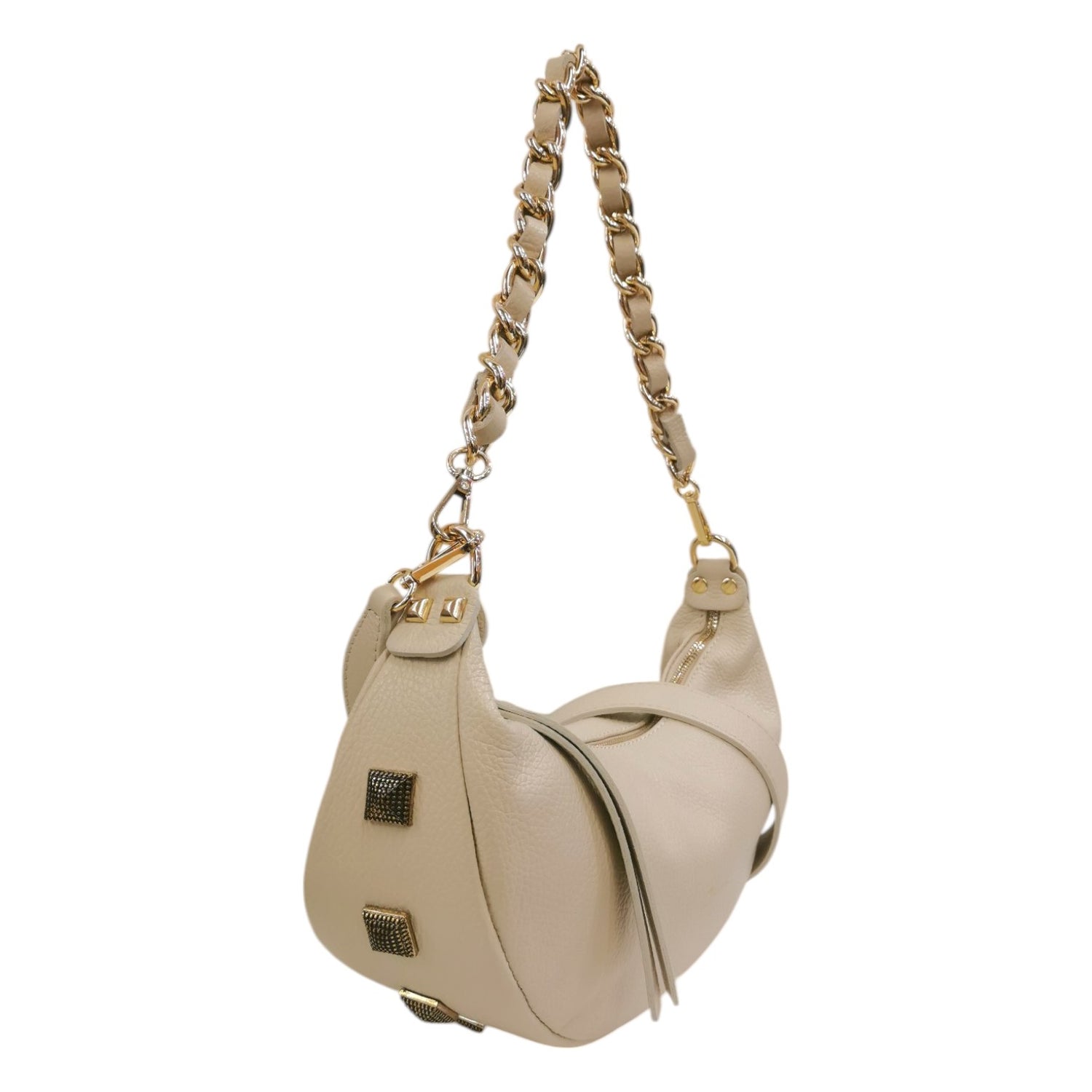 John Richmond Mezzaluna Donna con Manico Catena in Pelle Ecru con Borchie