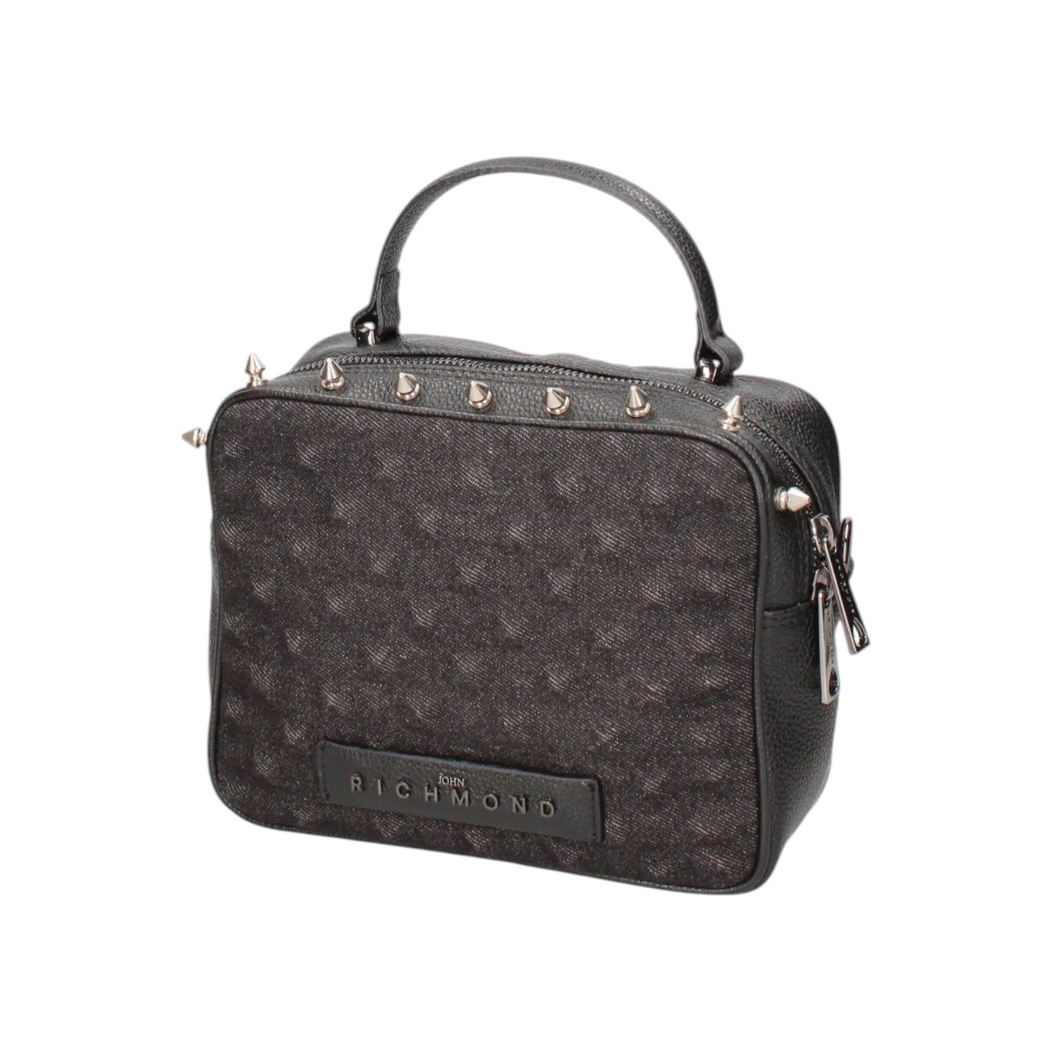 John Richmond Borsa a Mano Donna in Pelle e Tessuto Jeans Nero con Borchiette e Tracolla in Tessuto