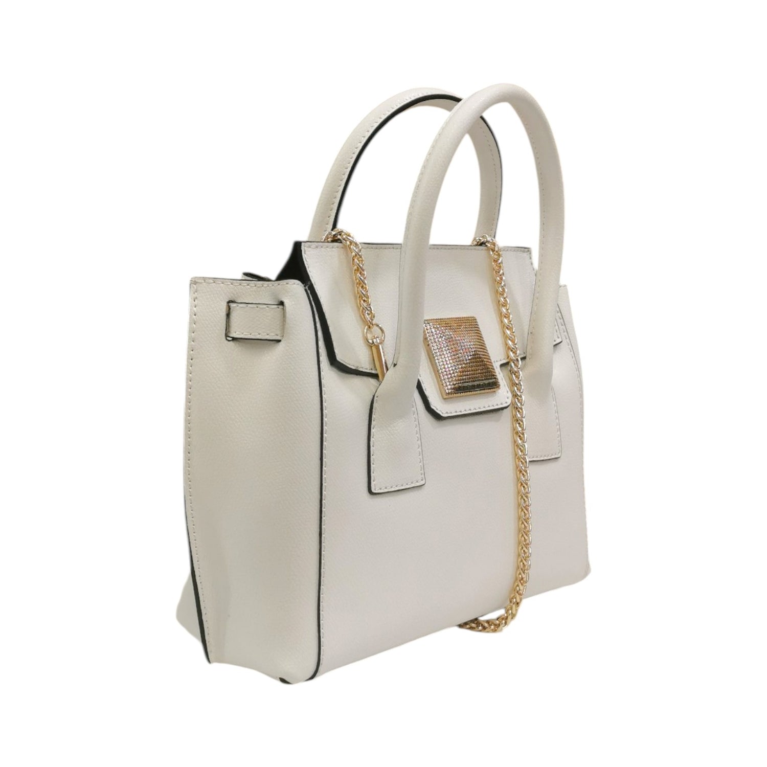 John Richmond Borsa a Mano Rigida Donna in Pelle Bianca con Tracolla Catena Oro