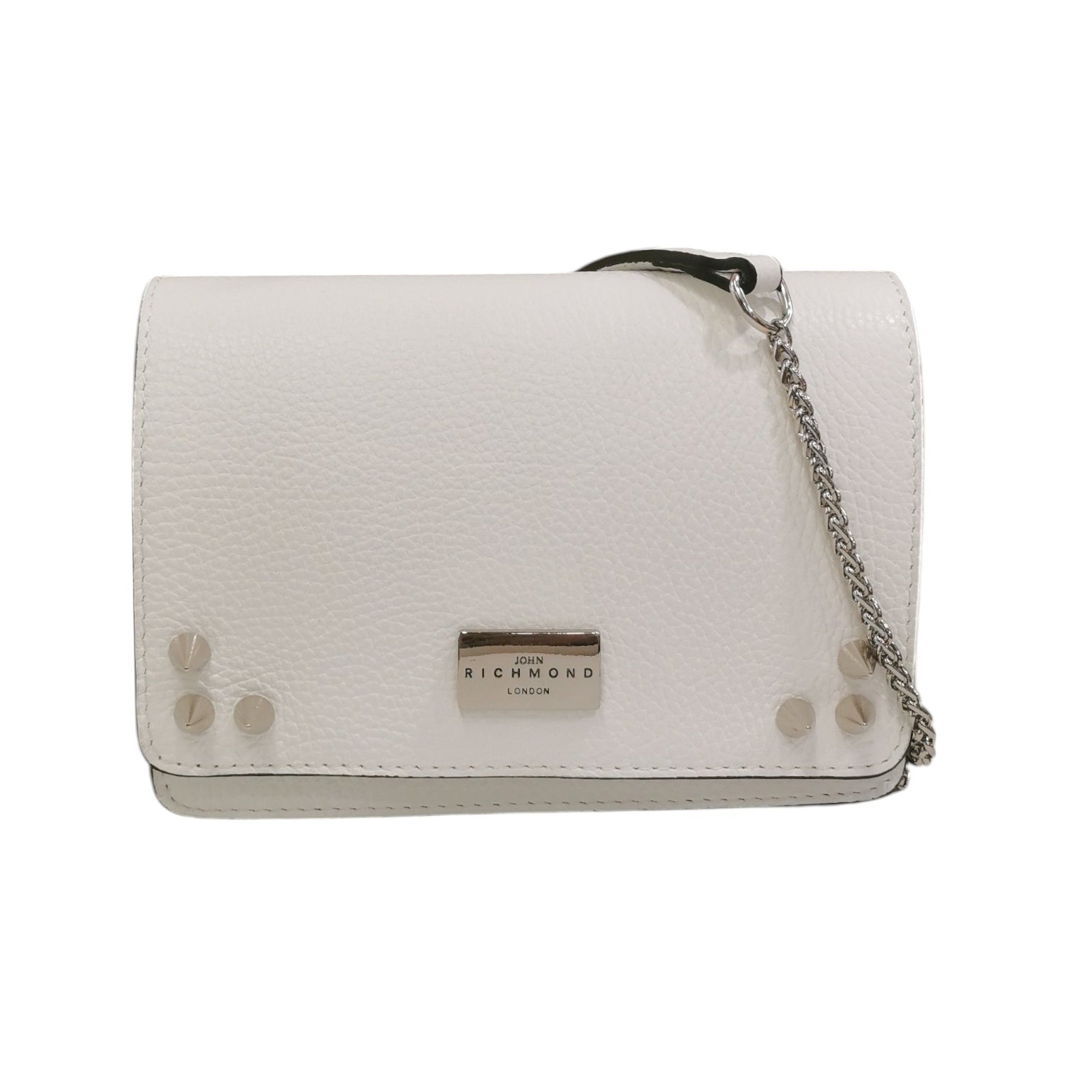 John Richmond Borsa a Tracolla Donna in Pelle Bianca con Borchie e Metalleria Catena Argento