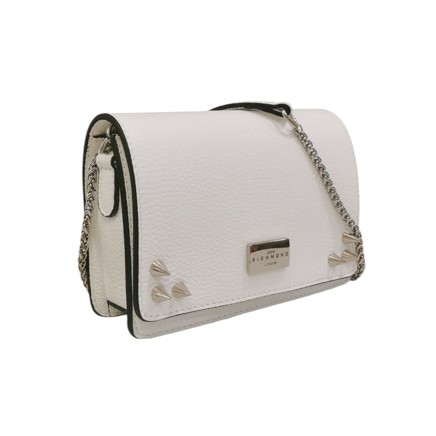John Richmond Borsa a Tracolla Donna in Pelle Bianca con Borchie e Metalleria Catena Argento