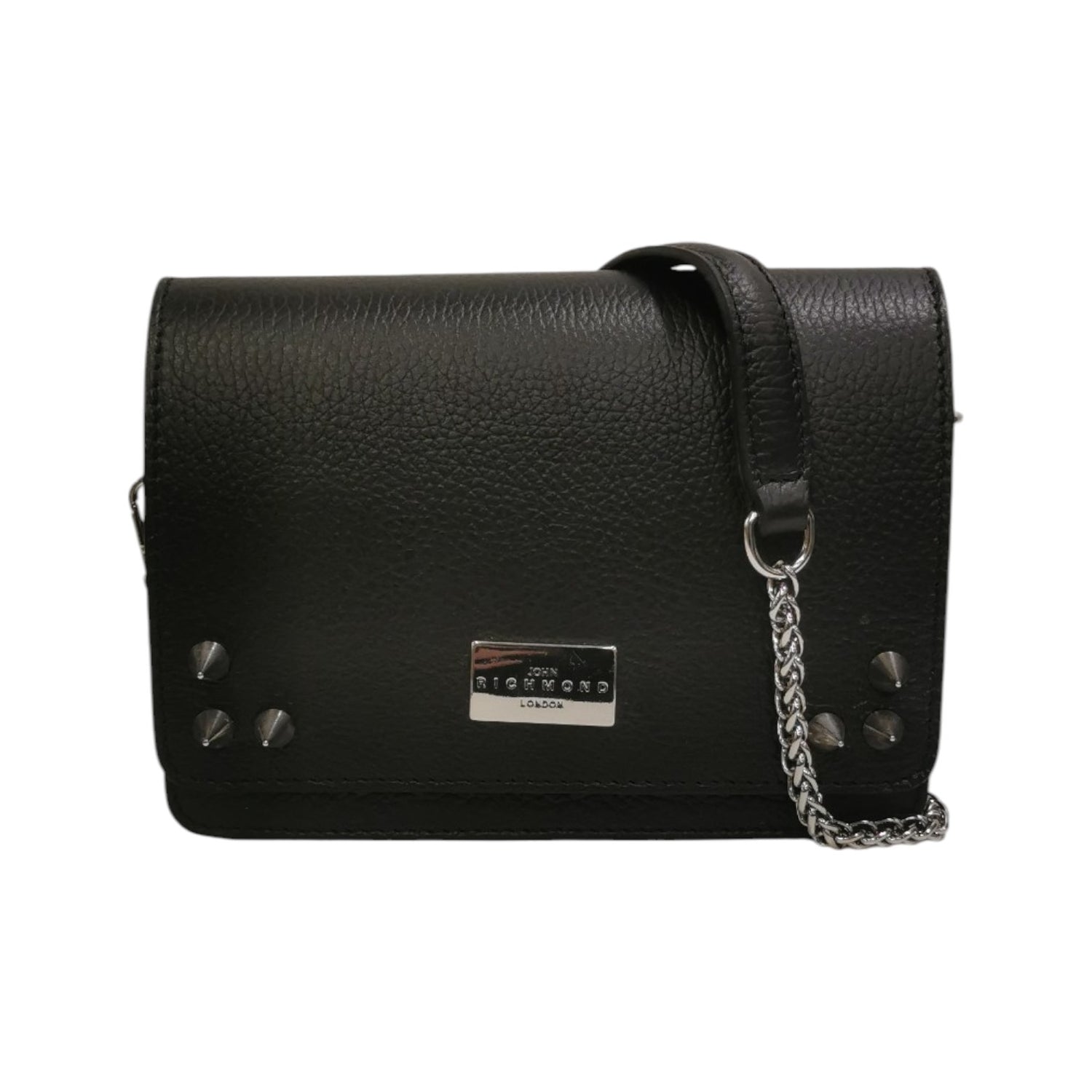 John Richmond Borsa a Tracolla Donna in Pelle Nera con Borchie e Metalleria Catena Argento