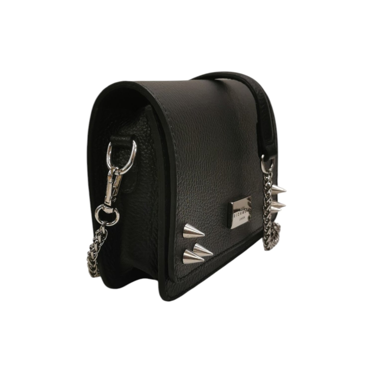 John Richmond Borsa a Tracolla Donna in Pelle Nera con Borchie e Metalleria Catena Argento
