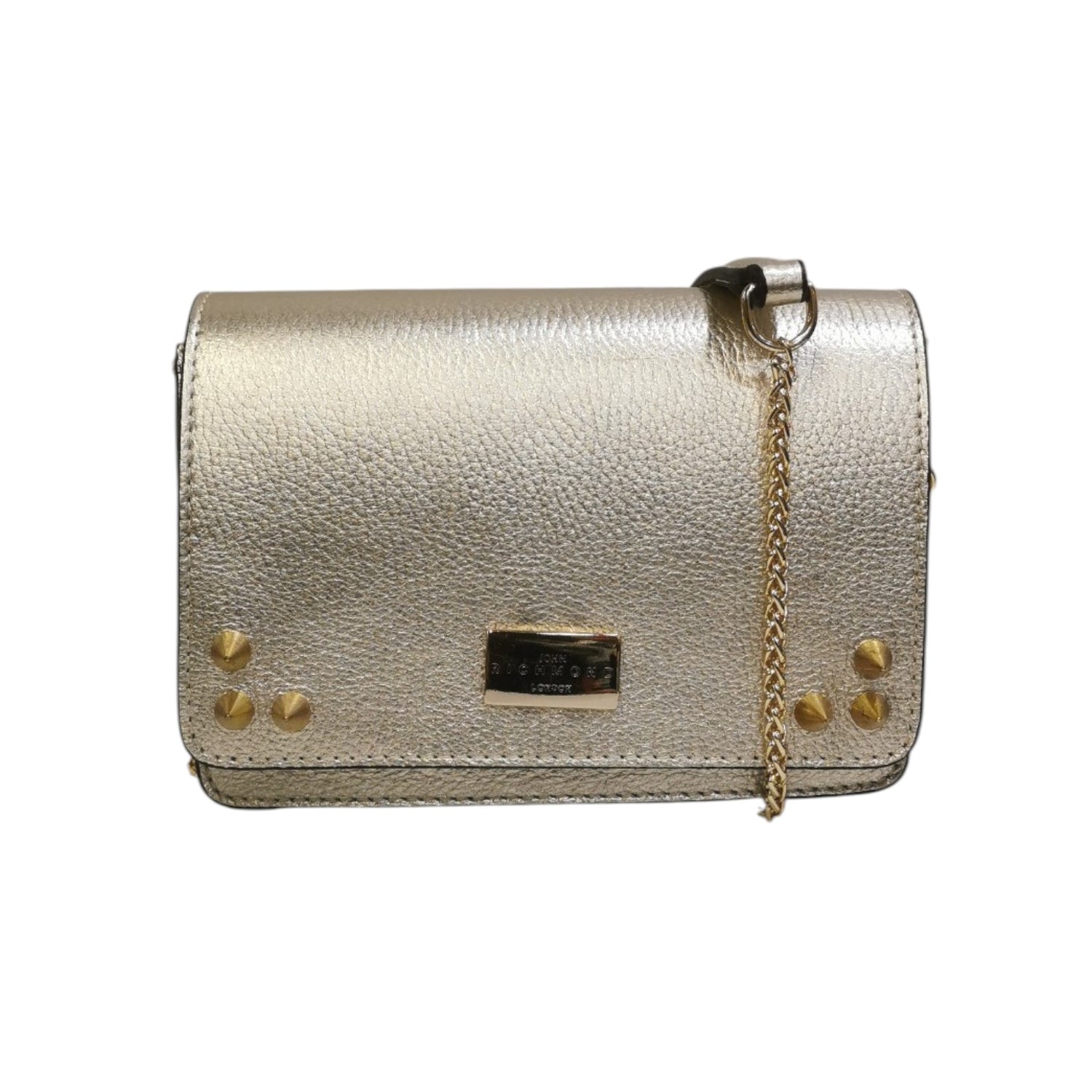 John Richmond Borsa a Tracolla Donna in Pelle Platino con Borchie e Metalleria Catena Oro