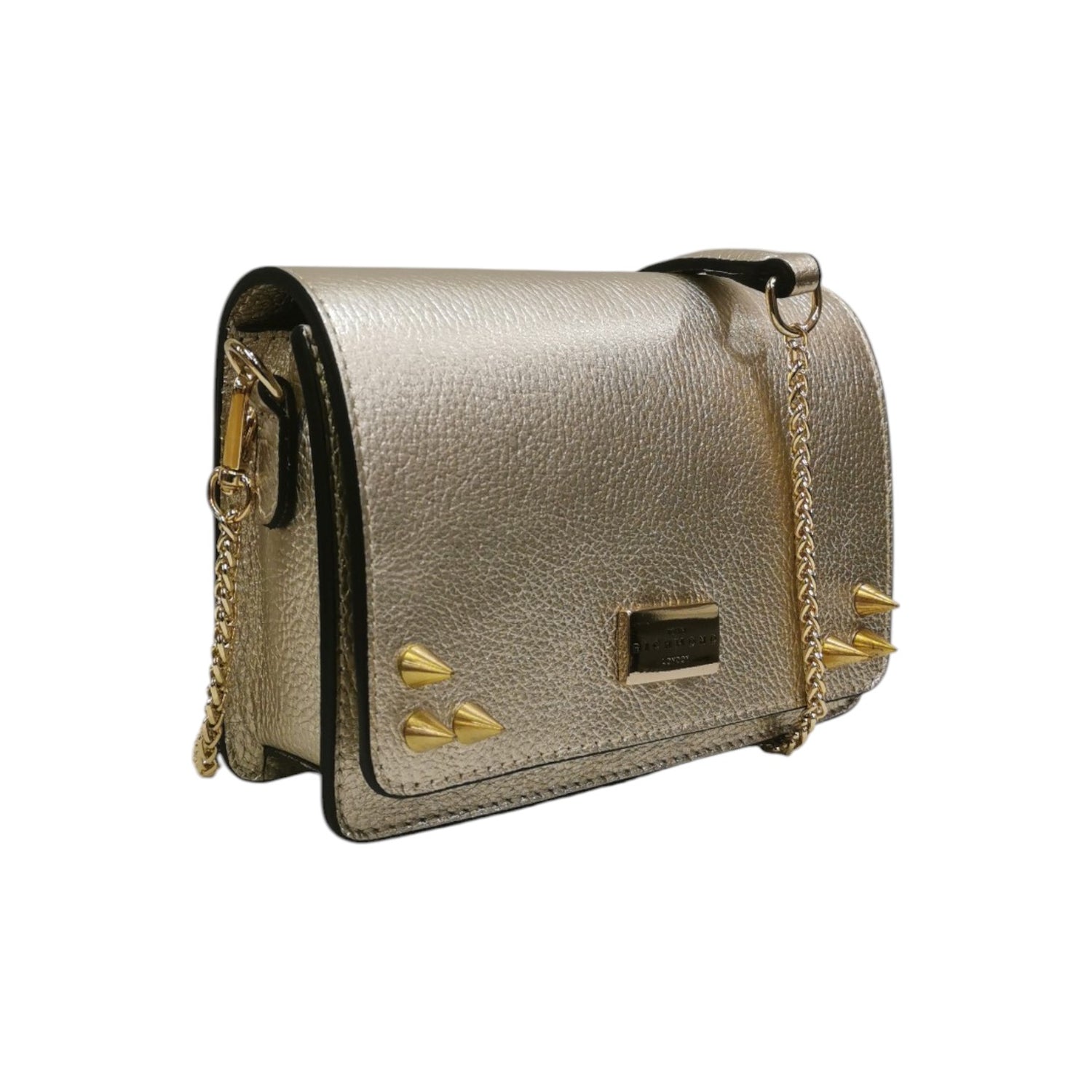 John Richmond Borsa a Tracolla Donna in Pelle Platino con Borchie e Metalleria Catena Oro