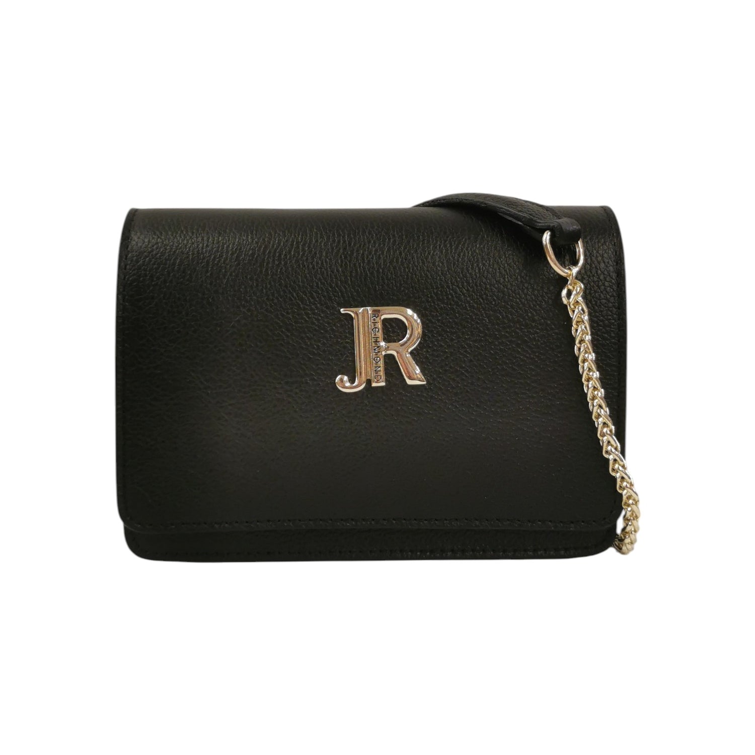 John Richmond Tracollina Donna in Pelle Nera con Metalleria Oro Logo Frontale