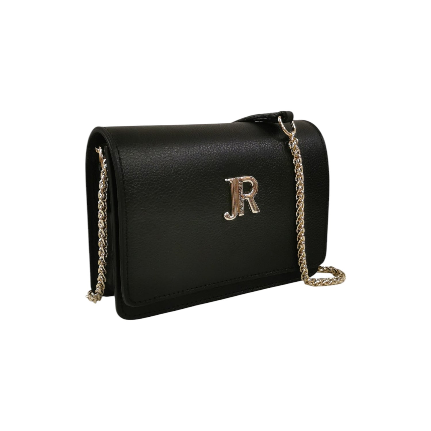 John Richmond Tracollina Donna in Pelle Nera con Metalleria Oro Logo Frontale
