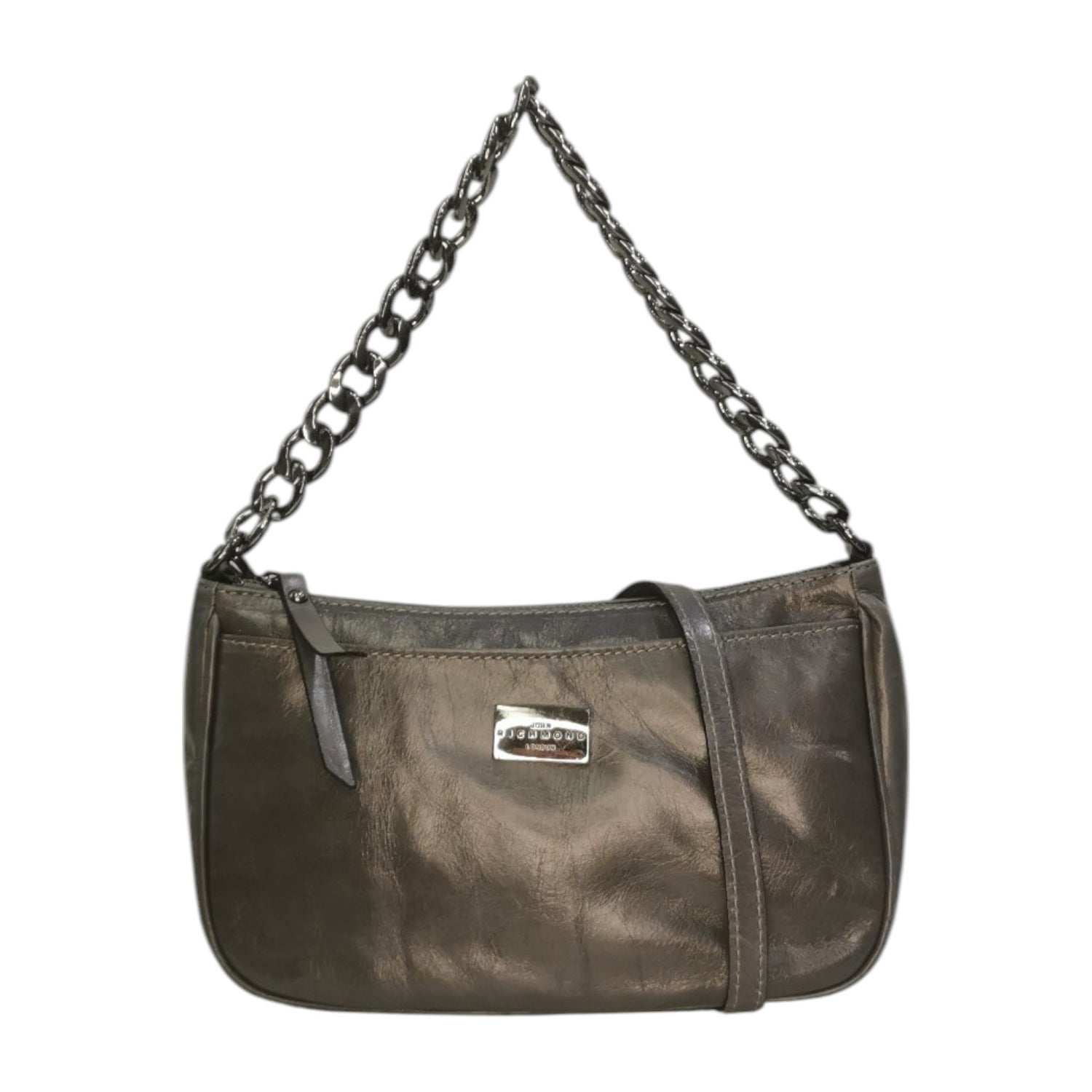 John Richmond Borsa a Spalla Donna con Manico Catena in Pelle Grigio Laminato e Tracolla