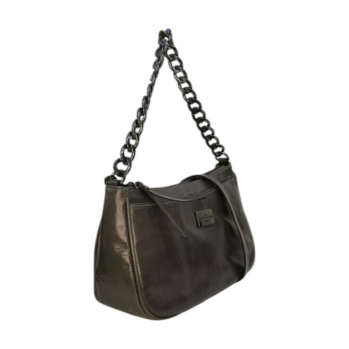 John Richmond Borsa a Spalla Donna con Manico Catena in Pelle Grigio Laminato e Tracolla