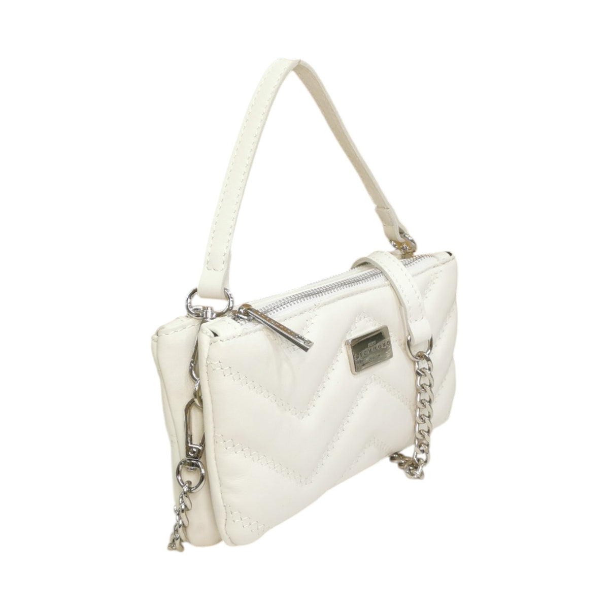 John Richmond Borsa a Mano Donna Doppio Scomparto in Pelle Trapuntata Bianco con Metalleria Argento e Tracolla Catena