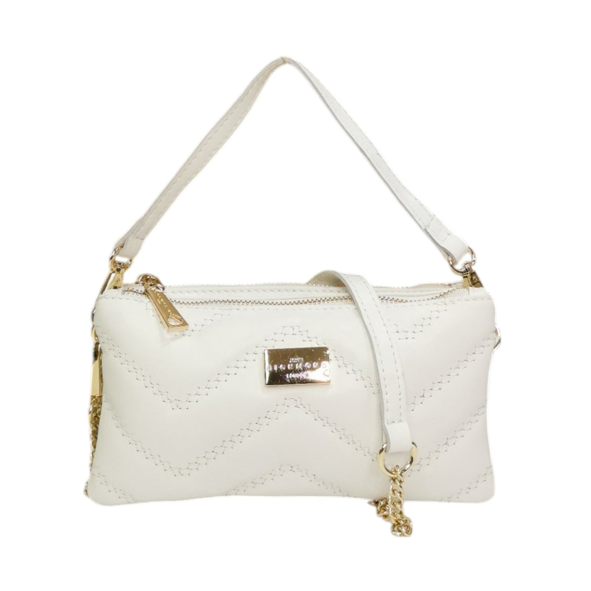 John Richmond Borsa a Mano Donna Doppio Scomparto in Pelle Trapuntata Bianco con Metalleria Oro e Tracolla Catena
