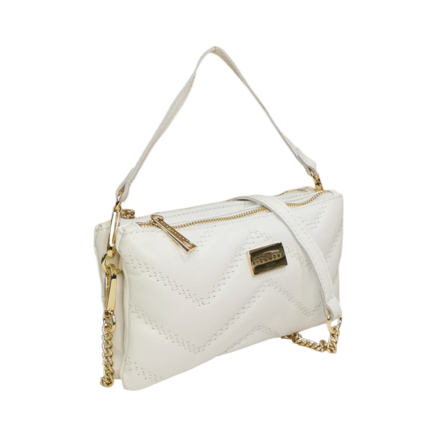 John Richmond Borsa a Mano Donna Doppio Scomparto in Pelle Trapuntata Bianco con Metalleria Oro e Tracolla Catena