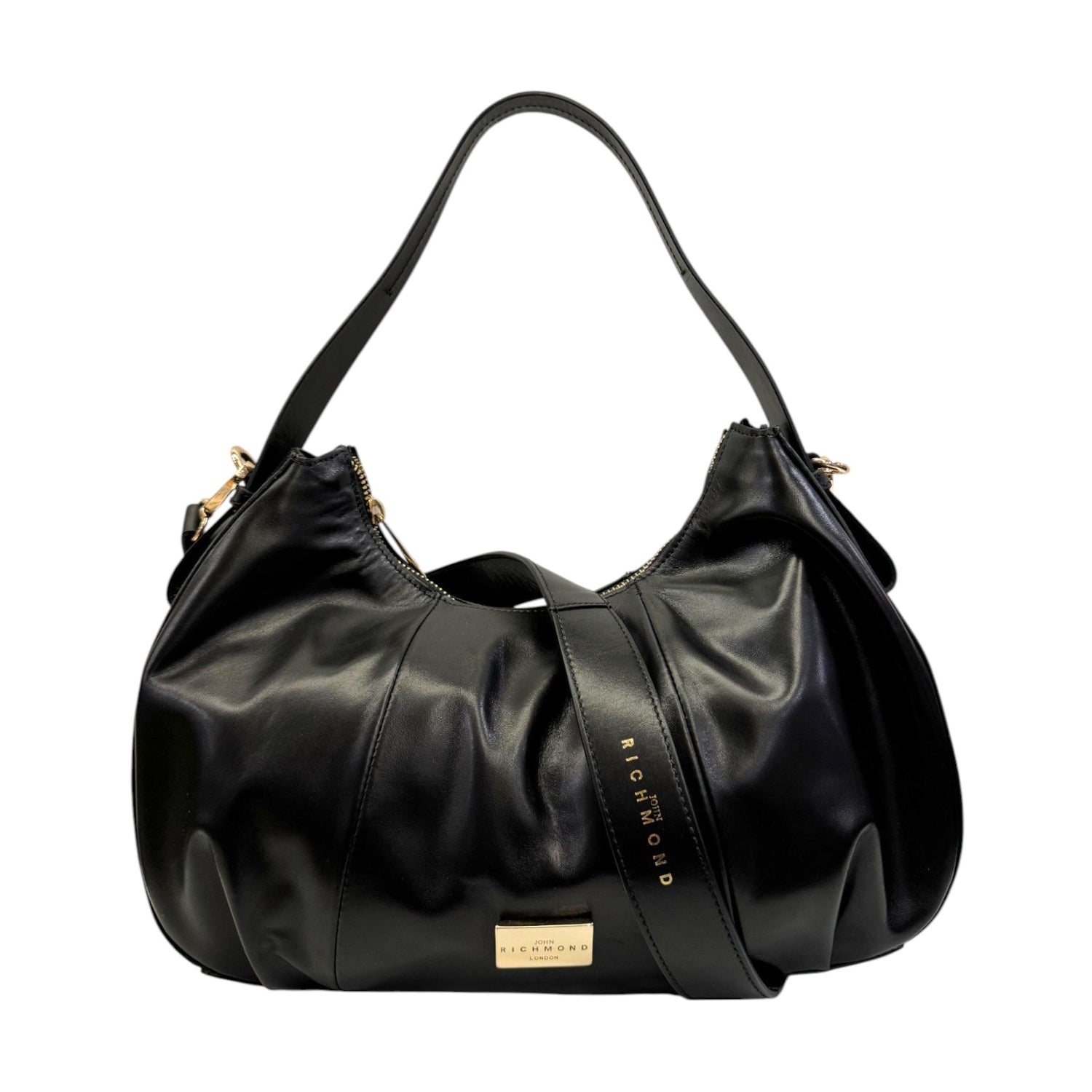 John Richmond Borsa a Spalla M Donna in Pelle Nero con Tracolla in Pelle e Metalleria Oro