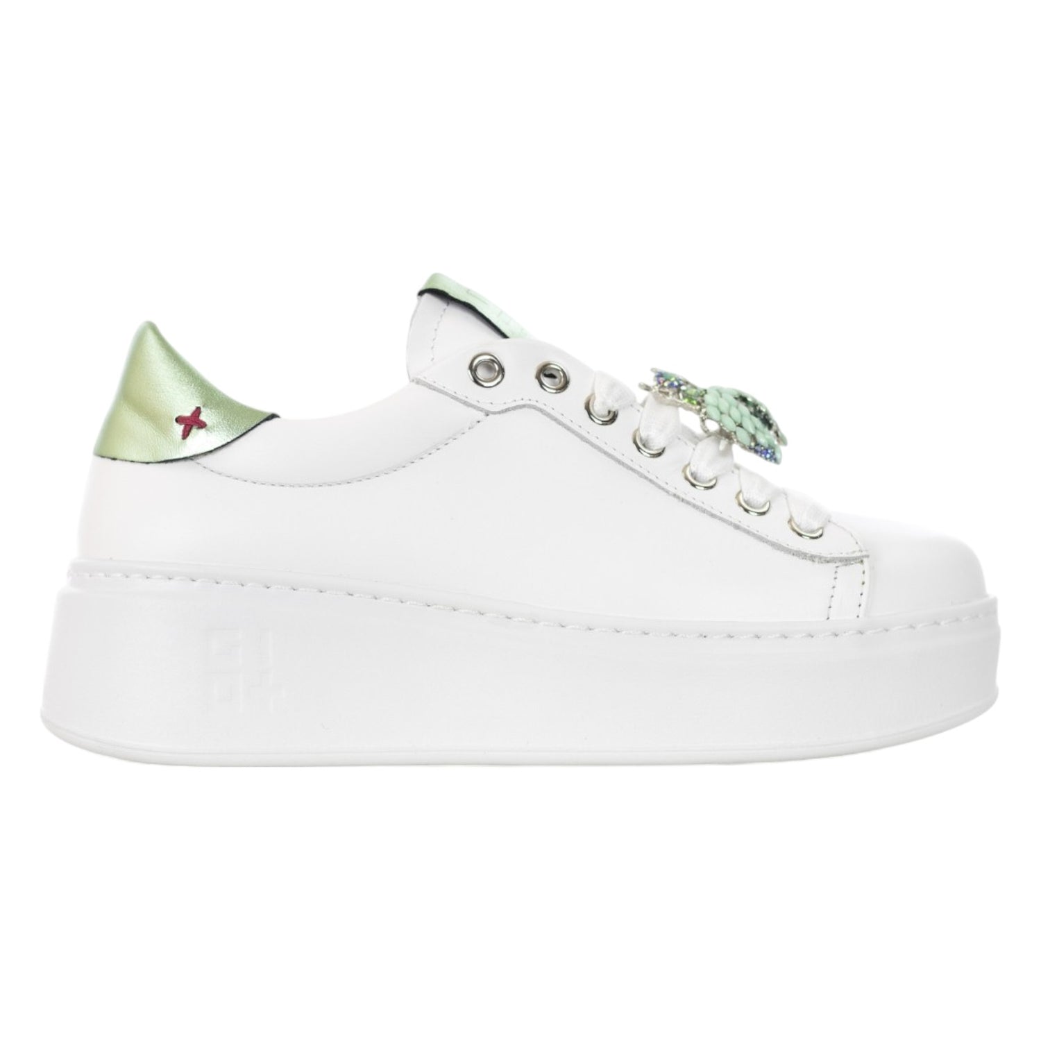 Gio+ Sneakers Platform Donna in Pelle Bianco Verde con Accessorio