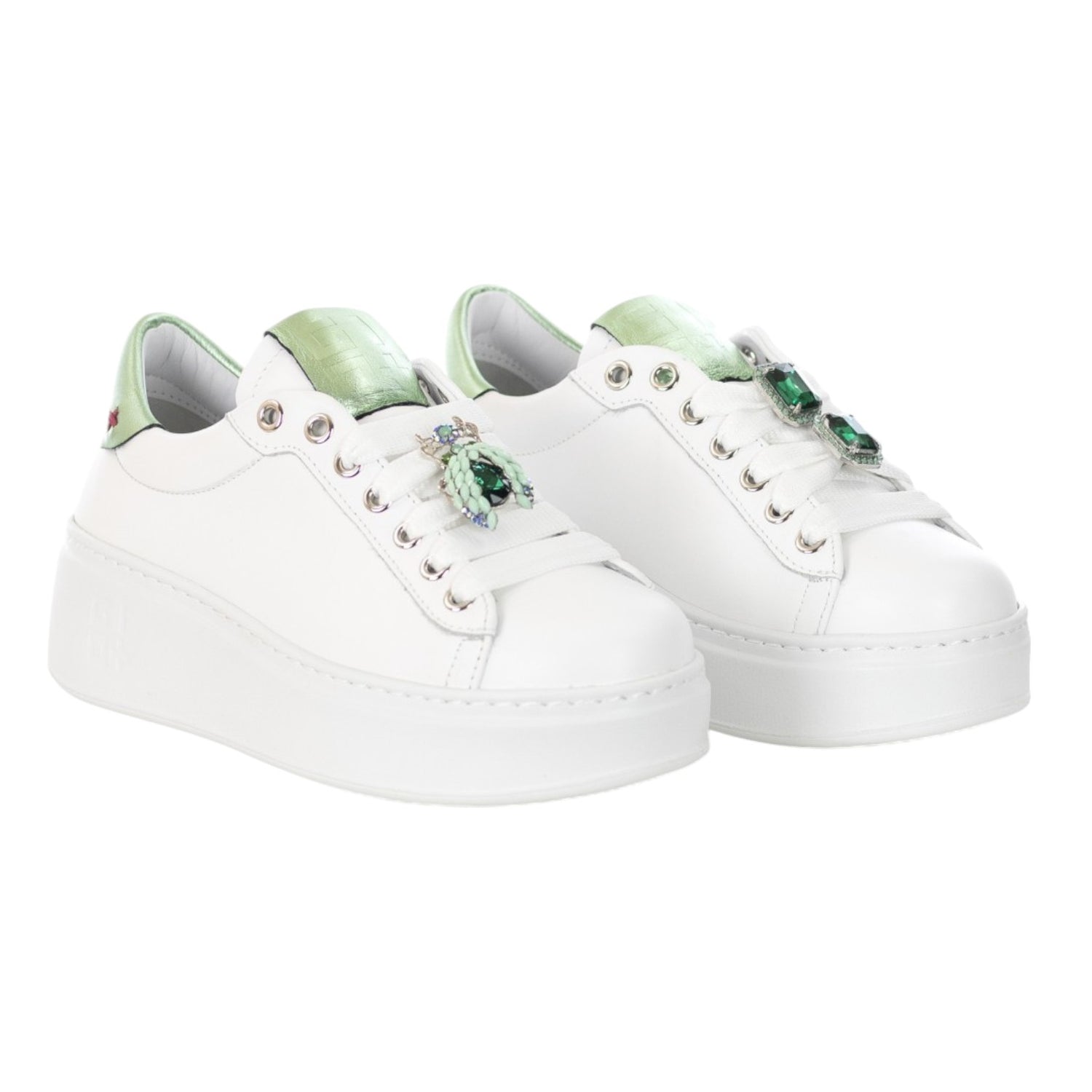 Gio+ Sneakers Platform Donna in Pelle Bianco Verde con Accessorio