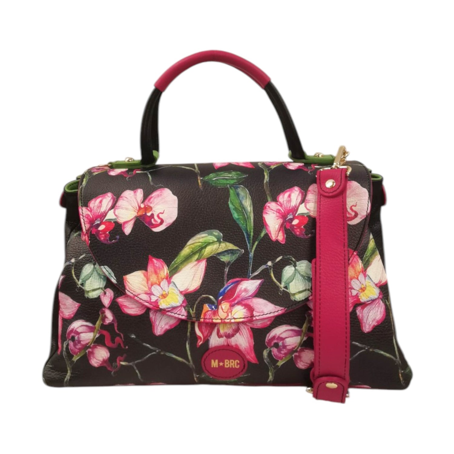 M Brc Borsa a Mano Nera Floreale Linea Mamma Mia con Tracolla da Donna