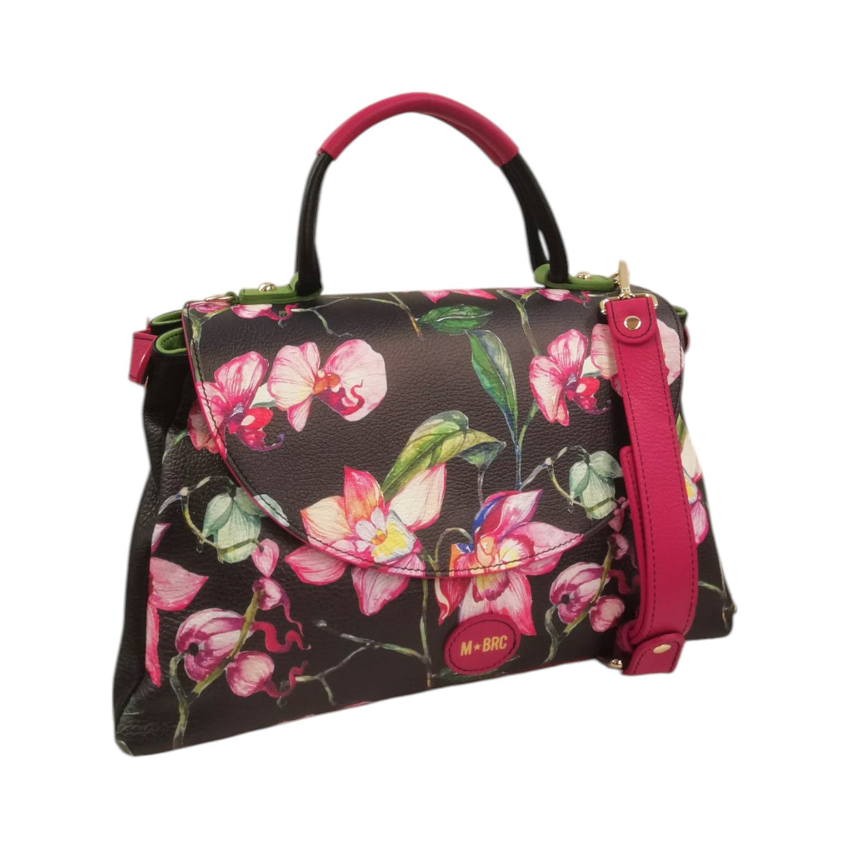 M Brc Borsa a Mano Nera Floreale Linea Mamma Mia con Tracolla da Donna
