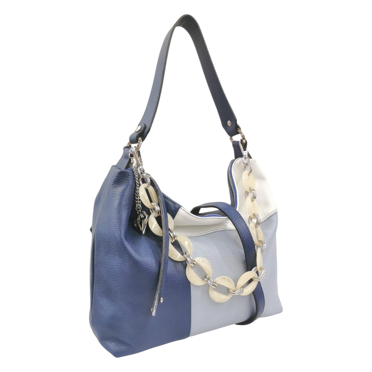 Caleidos Borsa a Spalla Donna in Pelle Blu Multi con Catena e Tracolla
