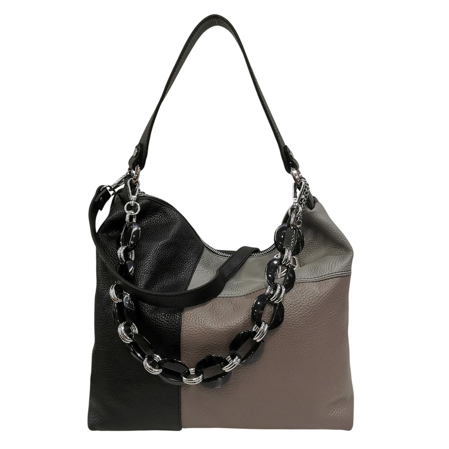 Caleidos Borsa a Spalla Donna in Pelle Nero Multi con Catena e Tracolla