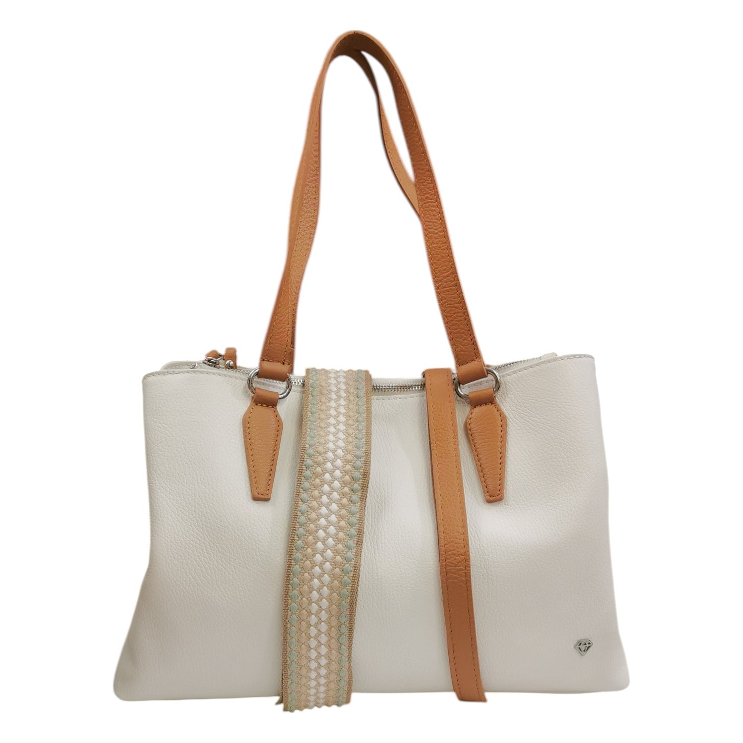 Caleidos Borsa a Spalla Grande Donna in Pelle Bianca con Doppia Tracolla e Inserti Cuoio