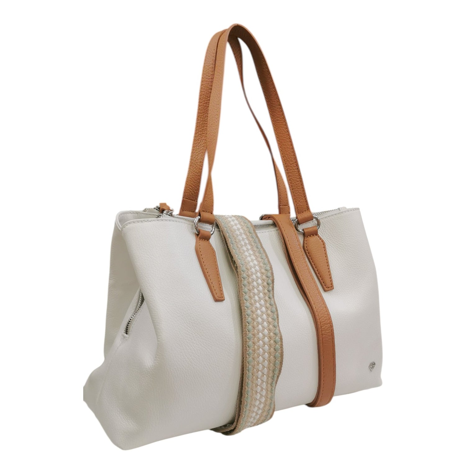Caleidos Borsa a Spalla Grande Donna in Pelle Bianca con Doppia Tracolla e Inserti Cuoio