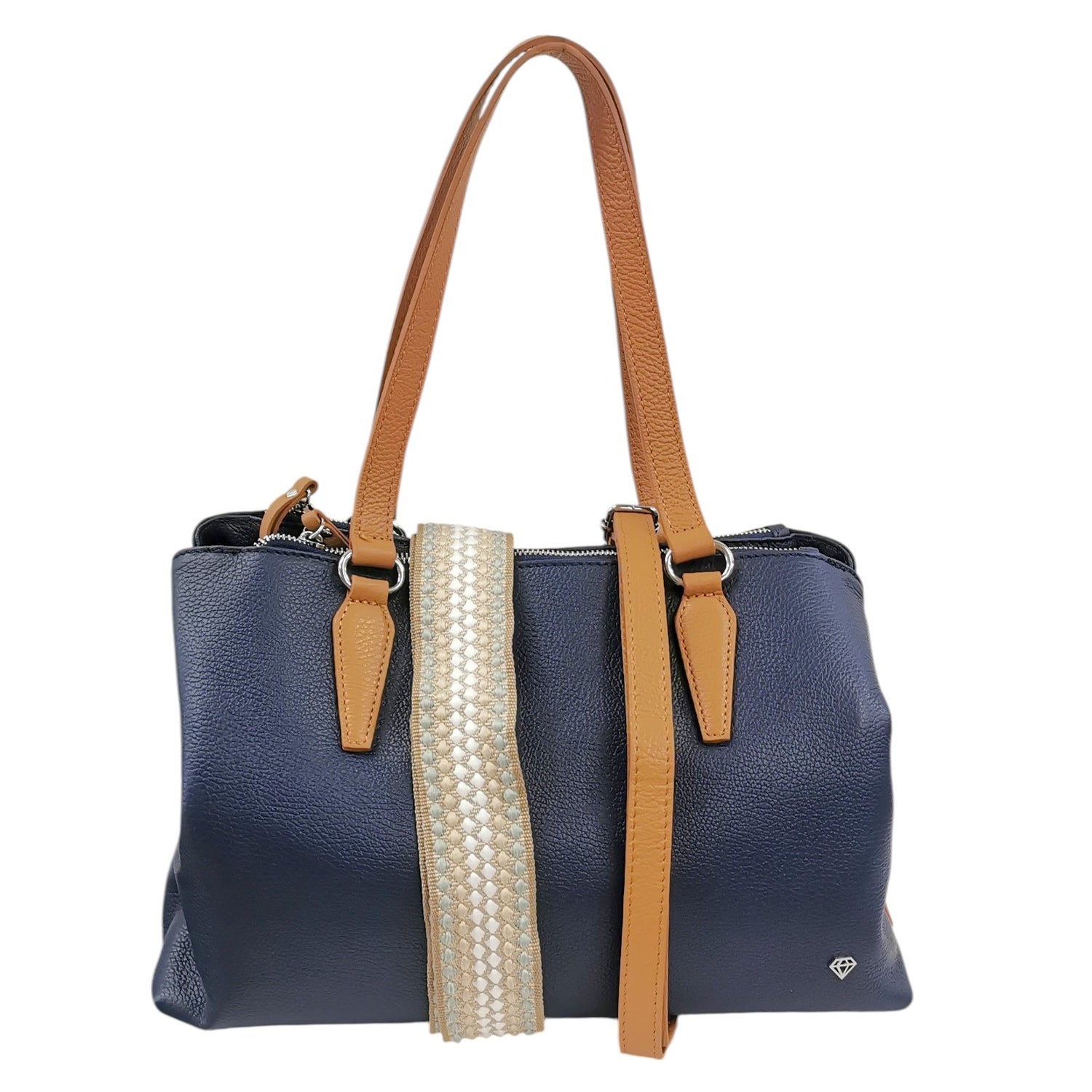 Caleidos Borsa a Spalla Grande Donna in Pelle Blu con Doppia Tracolla e Inserti Cuoio