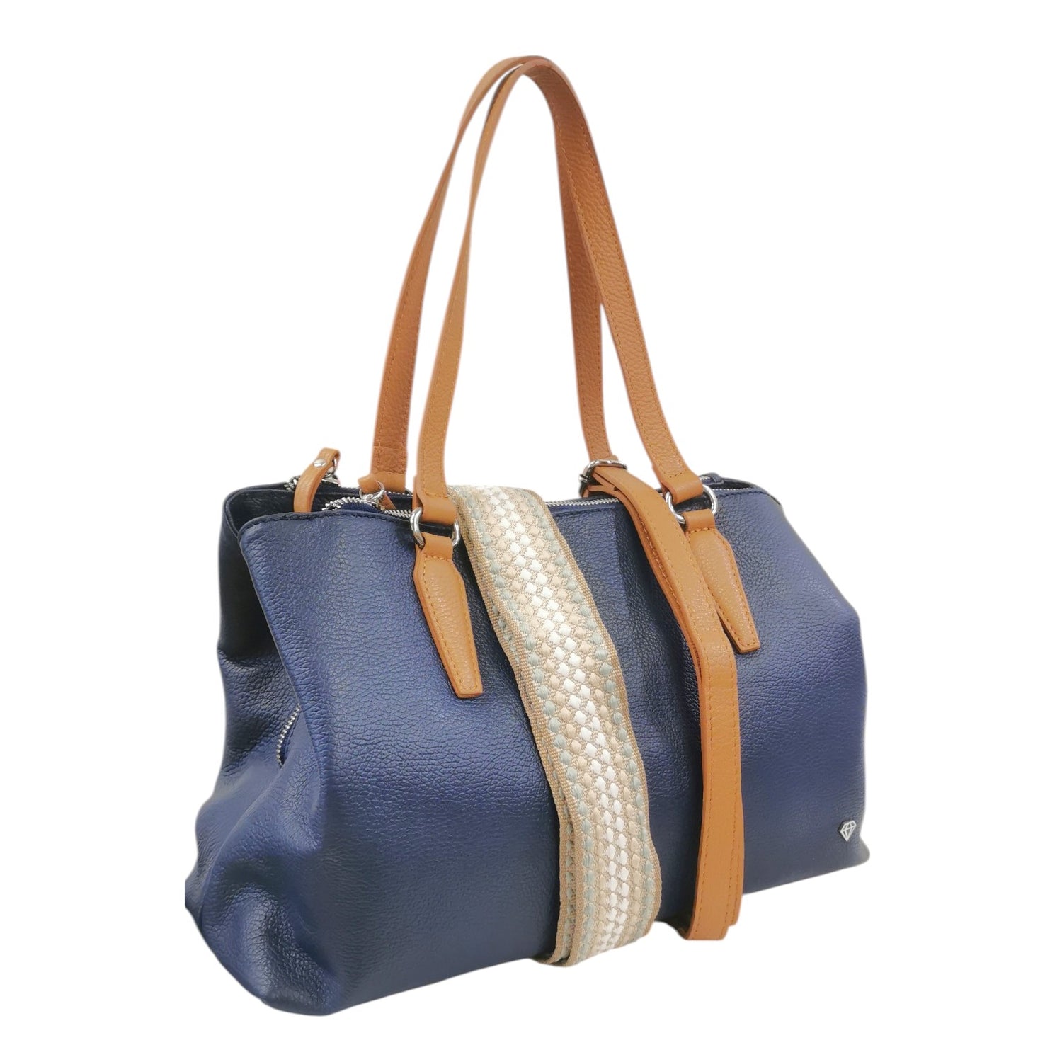 Caleidos Borsa a Spalla Grande Donna in Pelle Blu con Doppia Tracolla e Inserti Cuoio