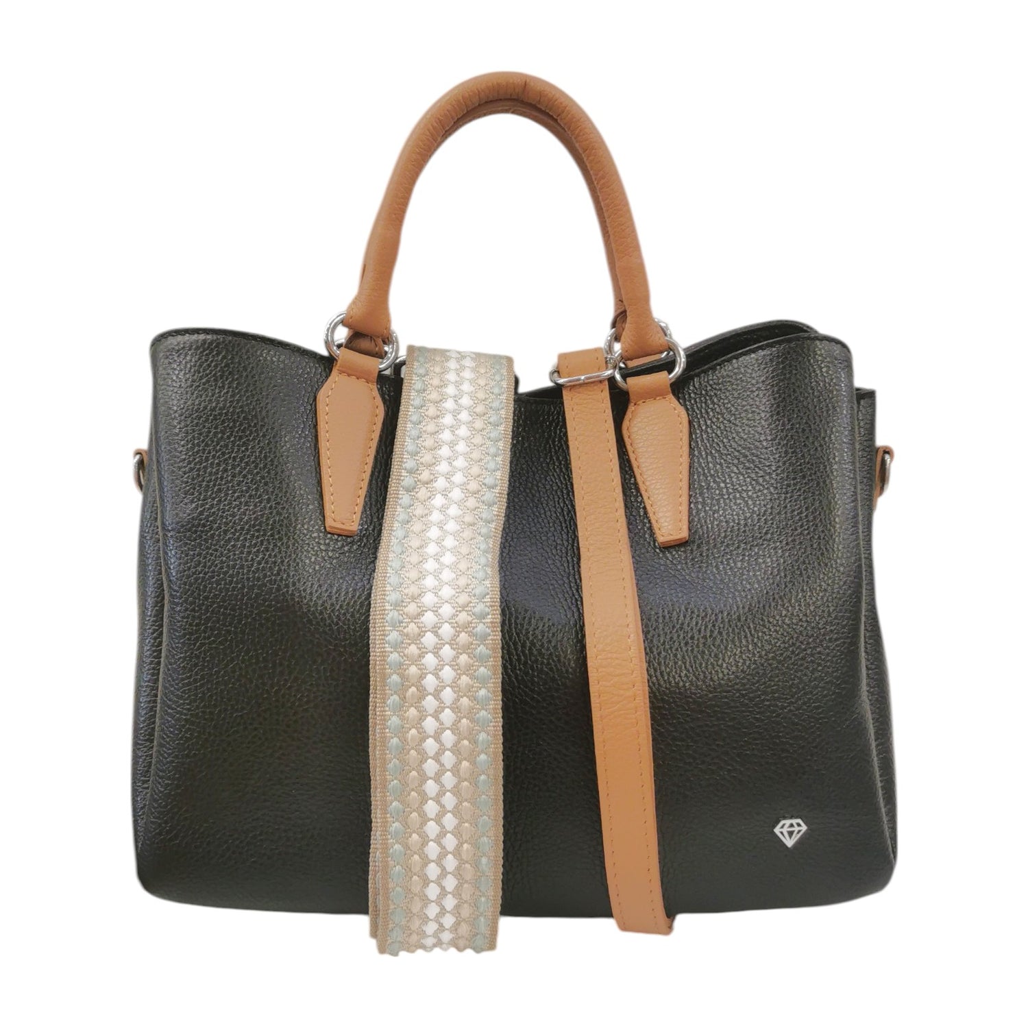 Caleidos Borsa a Mano Donna in Pelle Nera con Doppia Tracolla e Inserti Cuoio