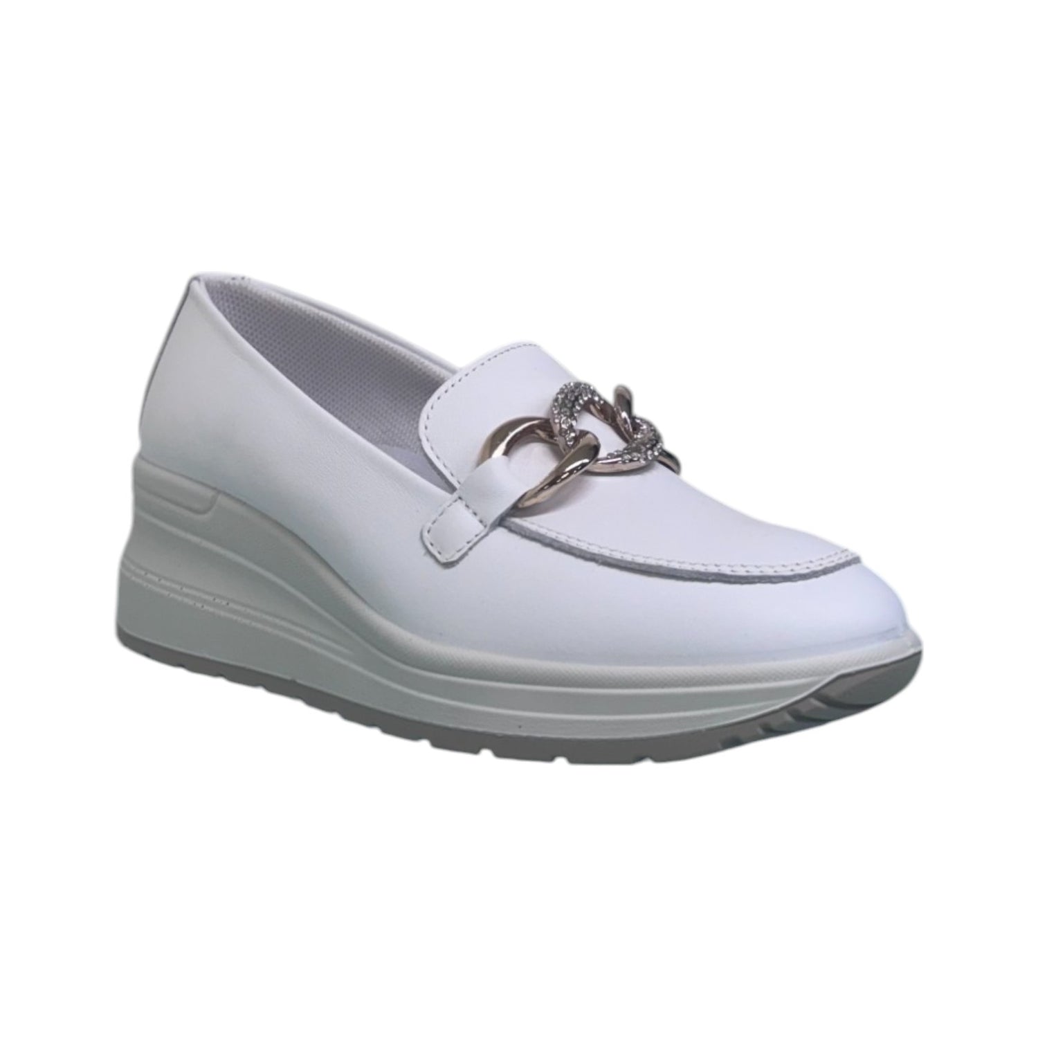 Enval Soft Mocassino Bianco in Pelle con Zeppa e Catena da Donna