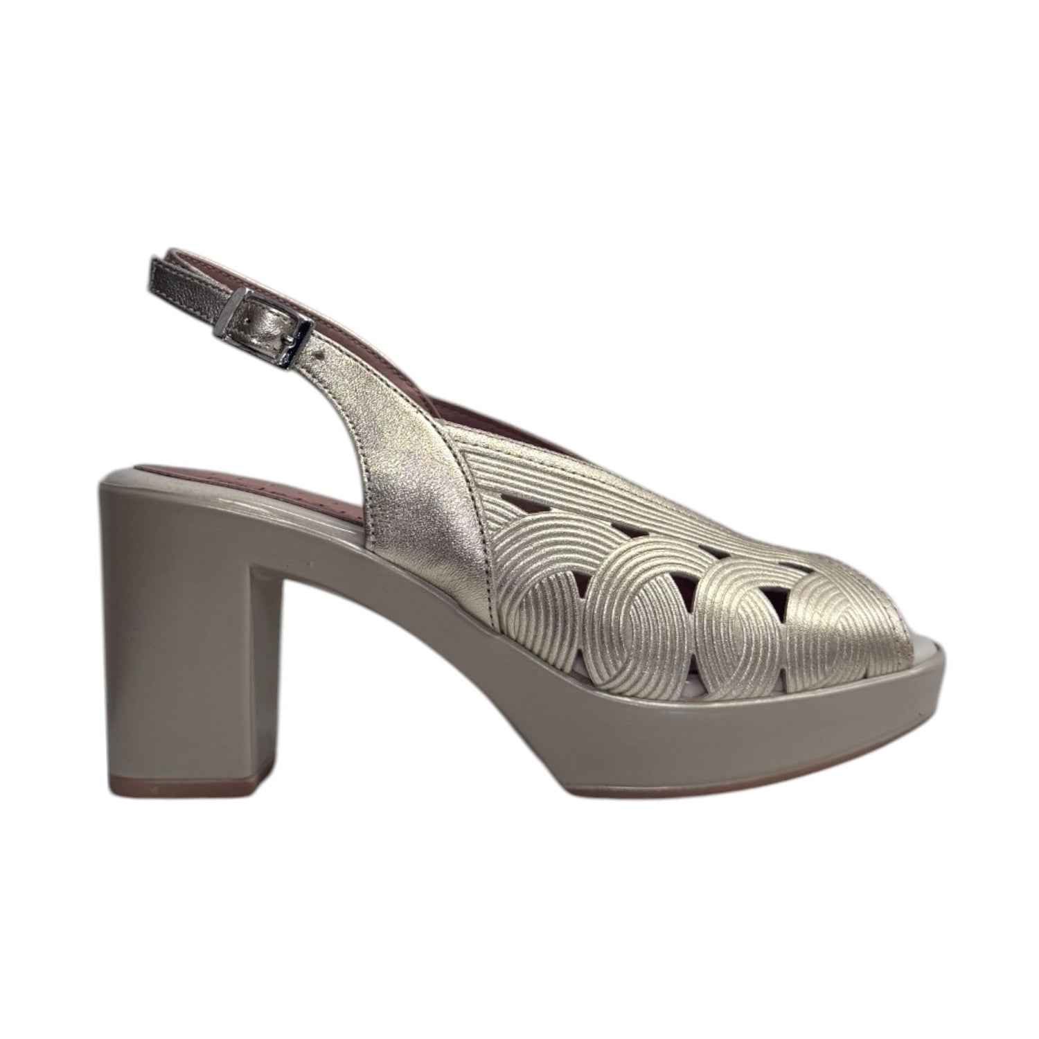 Pitillos Sandalo Donna in Pelle Oro con Motivo Traforato Circolare Intrecciato e Tacco Largo di 8,5cm