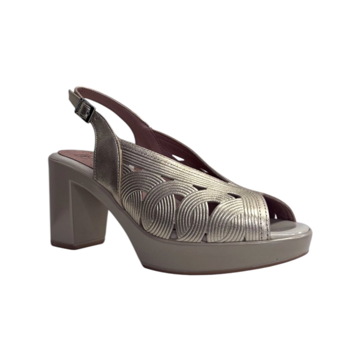 Pitillos Sandalo Donna in Pelle Oro con Motivo Traforato Circolare Intrecciato e Tacco Largo di 8,5cm