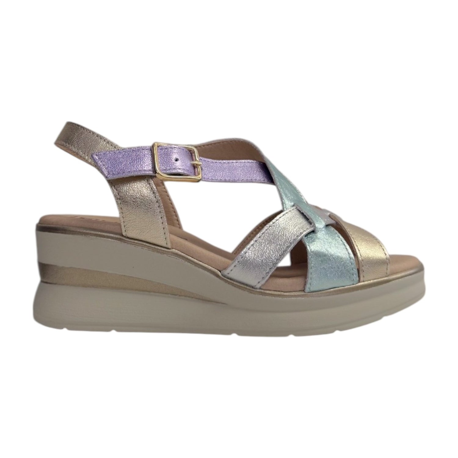 Pitillos Sandalo Donna in Pelle Oro Multi con Zeppa