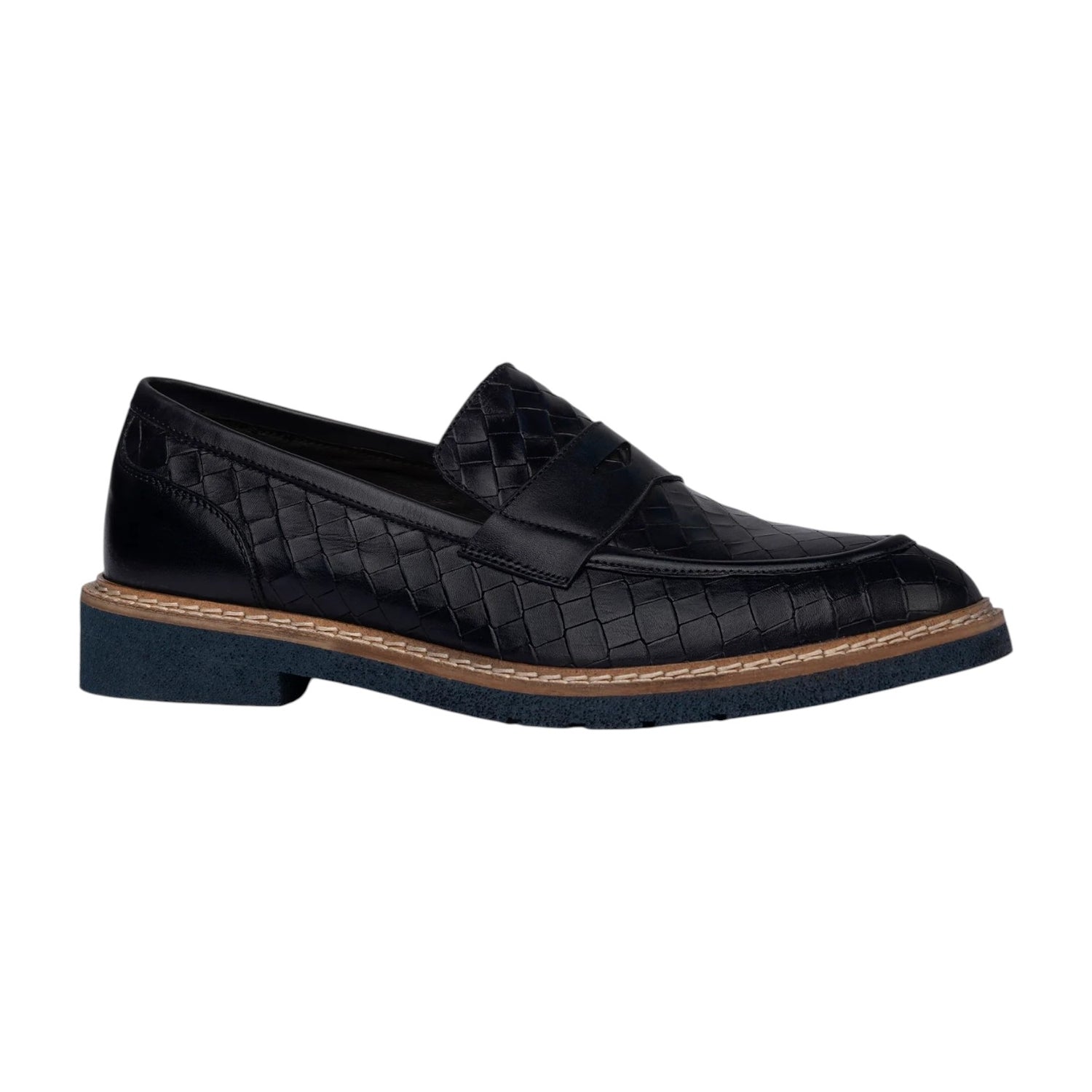 Exton Mocassino  Uomo in Pelle Blu con Motivo Intrecciato e Bordo Cucito