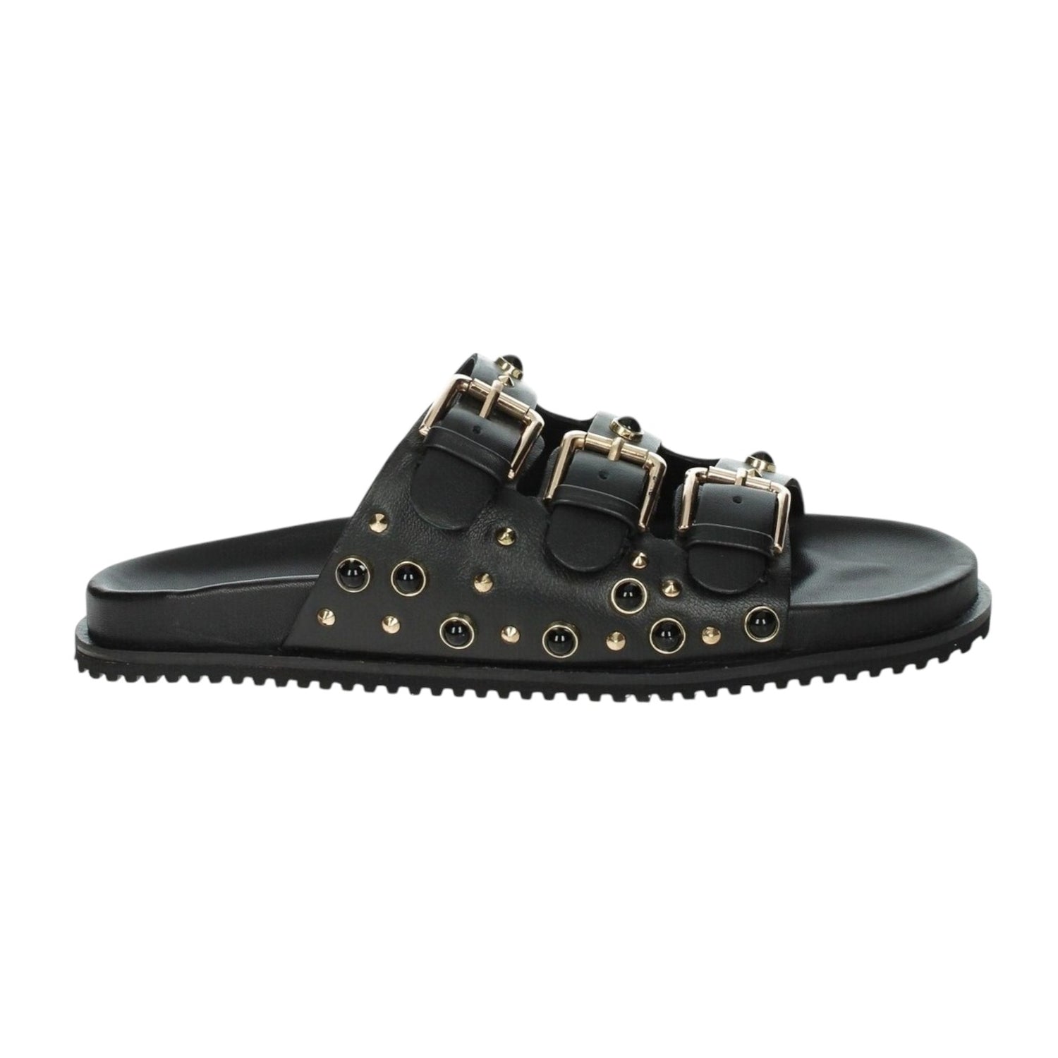 Keys Ciabatta Donna Nera in Pelle con Fibbie e Borchie